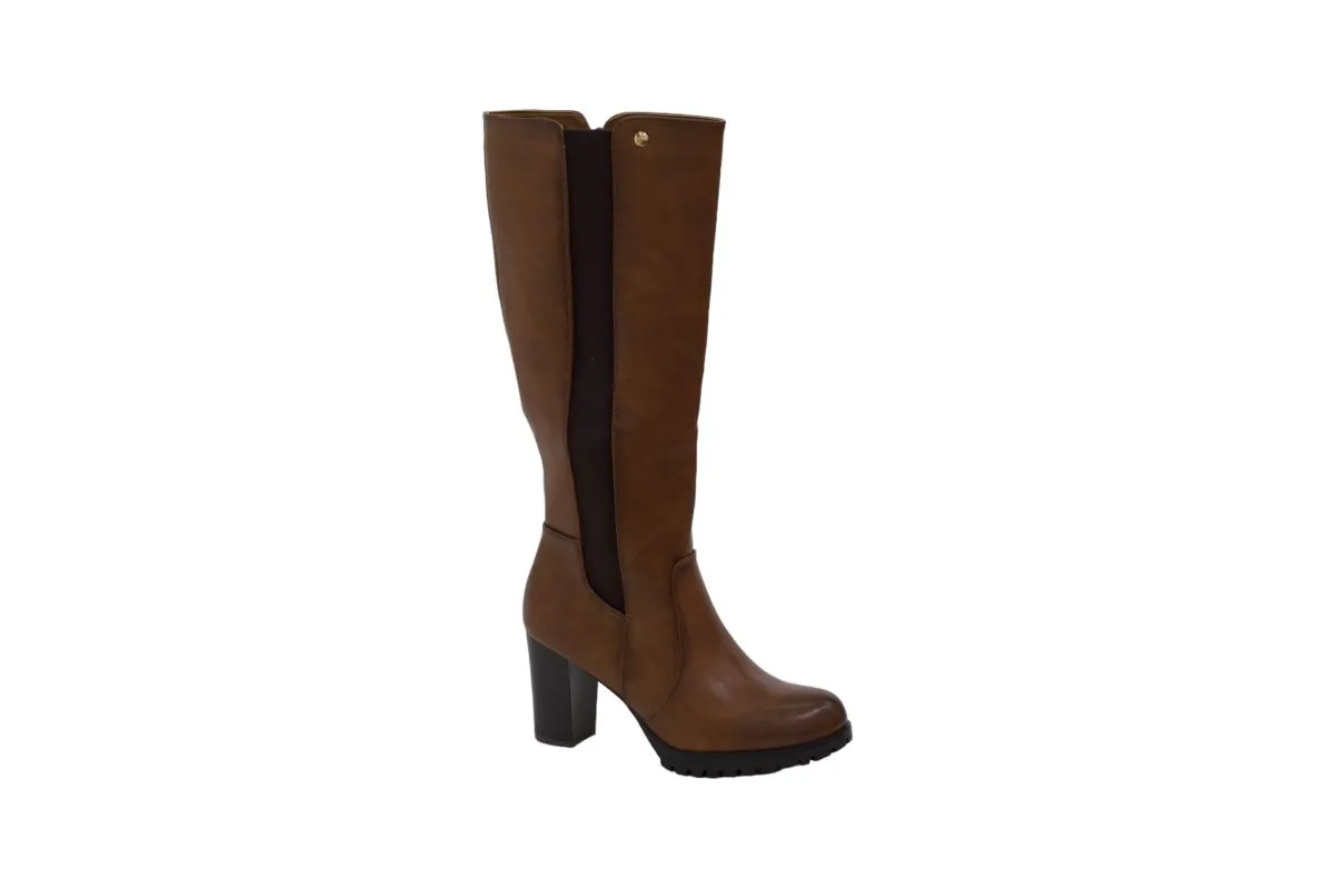 LaMara Paris Kazea Knee High Boot with Elastic Mat on 8.5cm Heel - Tan