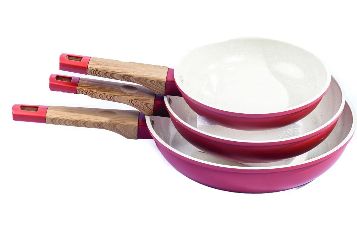 3 Pieces Non Stick Granite Baroly Cookware Ceramic Pan with Wooden Handle