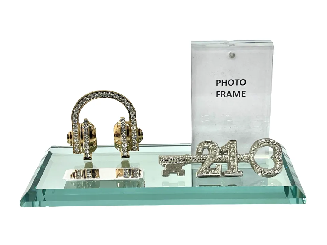 21st Key Headphones with Diamante on Mirror Base & Photo Frame - Gold