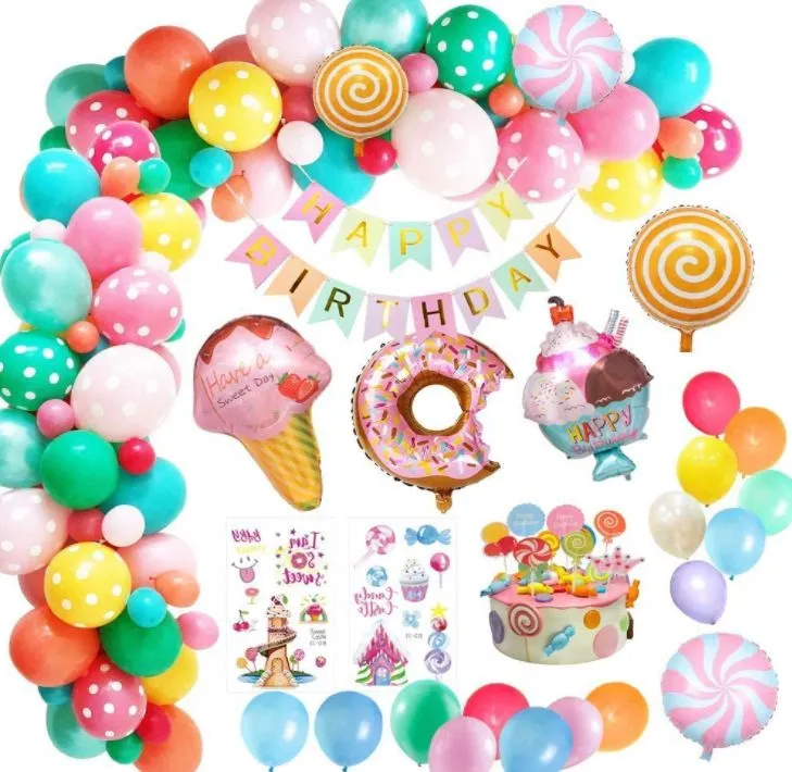 Candy Donut Ice Cream Birthday Decor Set - Balloons, Banner, Cake Toppers