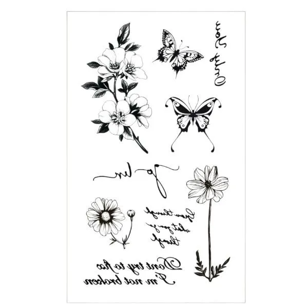 Sheet Butterfly & Flower Pattern Tattoo Sticker - Black