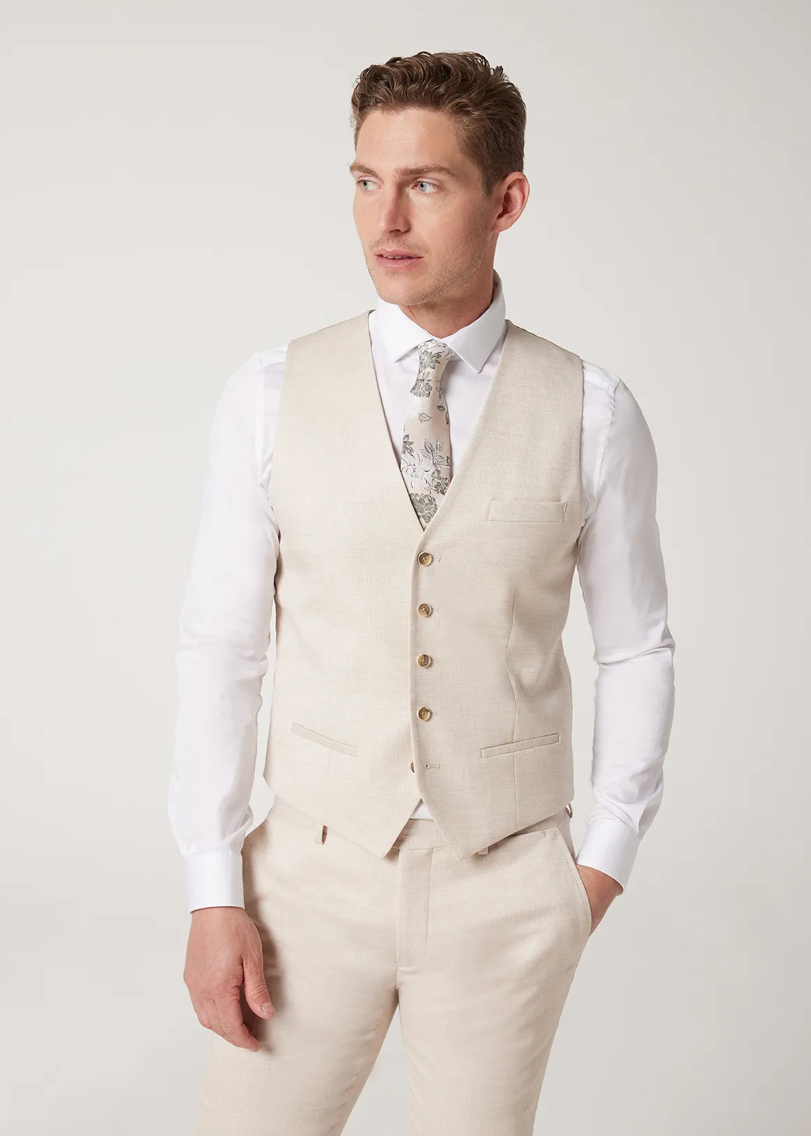 5 Button Textured Tailored Vest - NATURAL