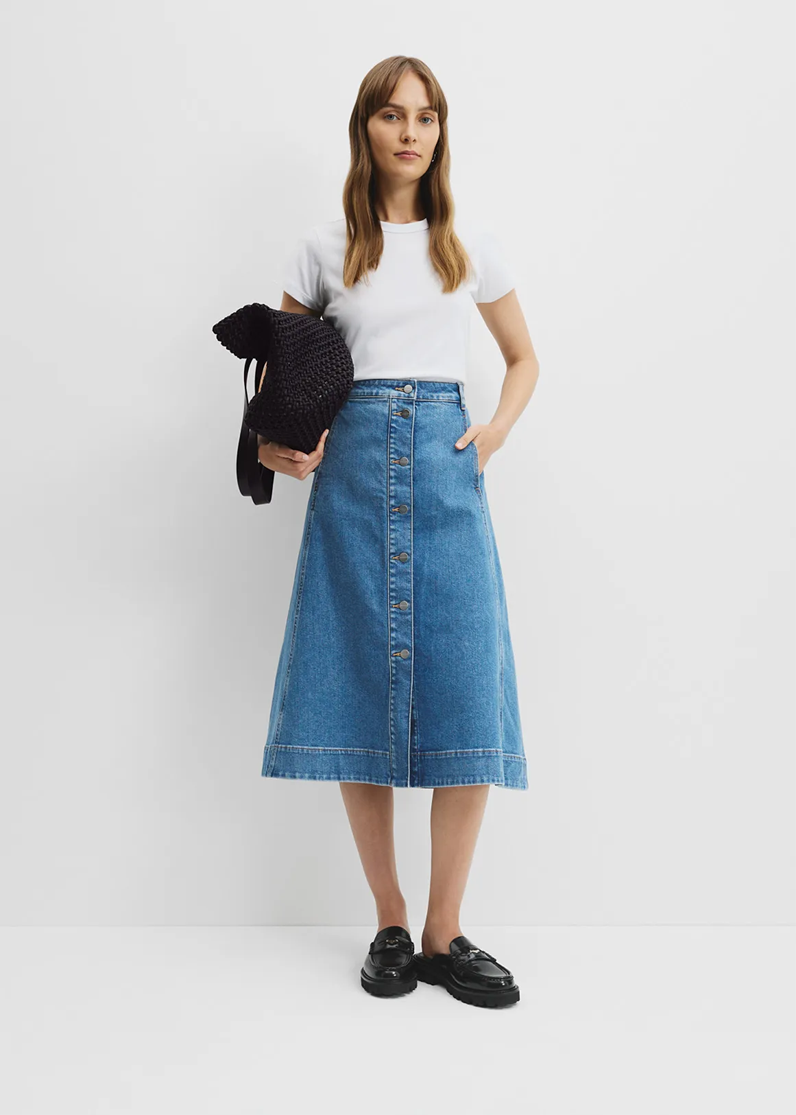A-Line Denim Midi Skirt - MID BLUE WASH