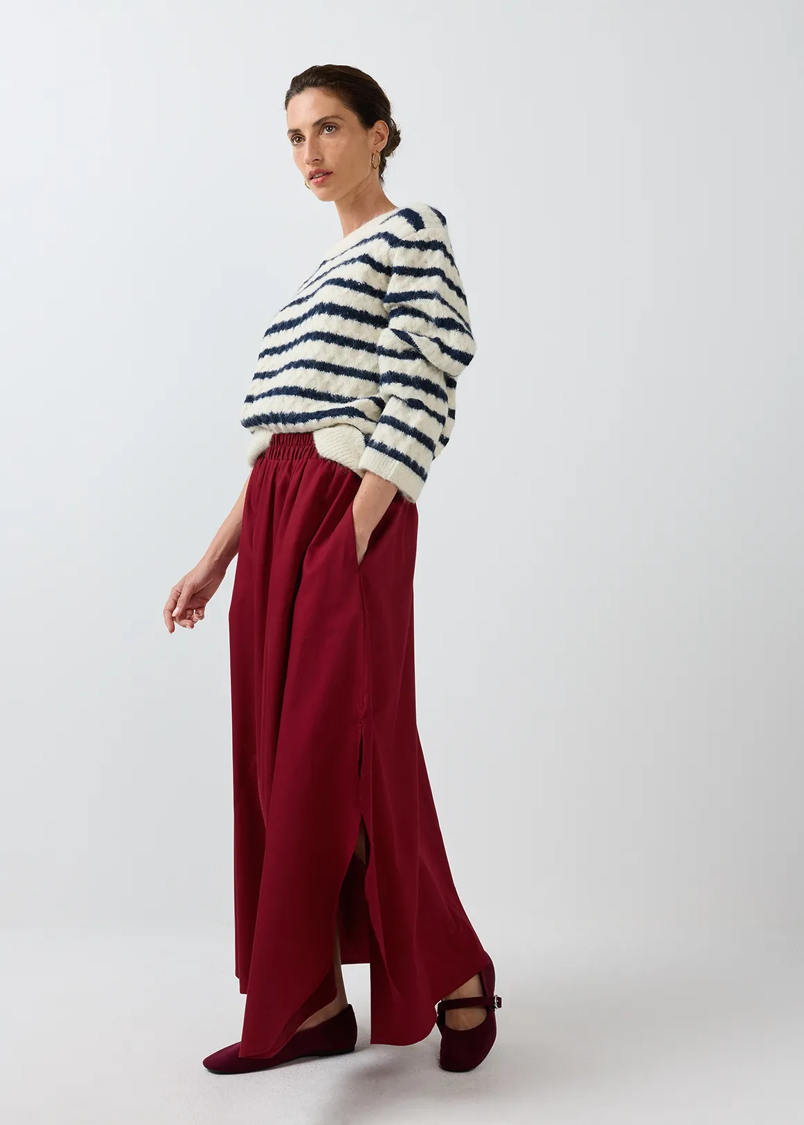 A-line Sateen Maxi Skirt - BURGUNDY
