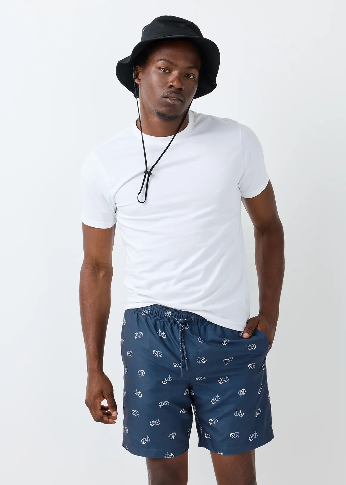 Anchor Print Longer Length Swim Shorts - X NAVY