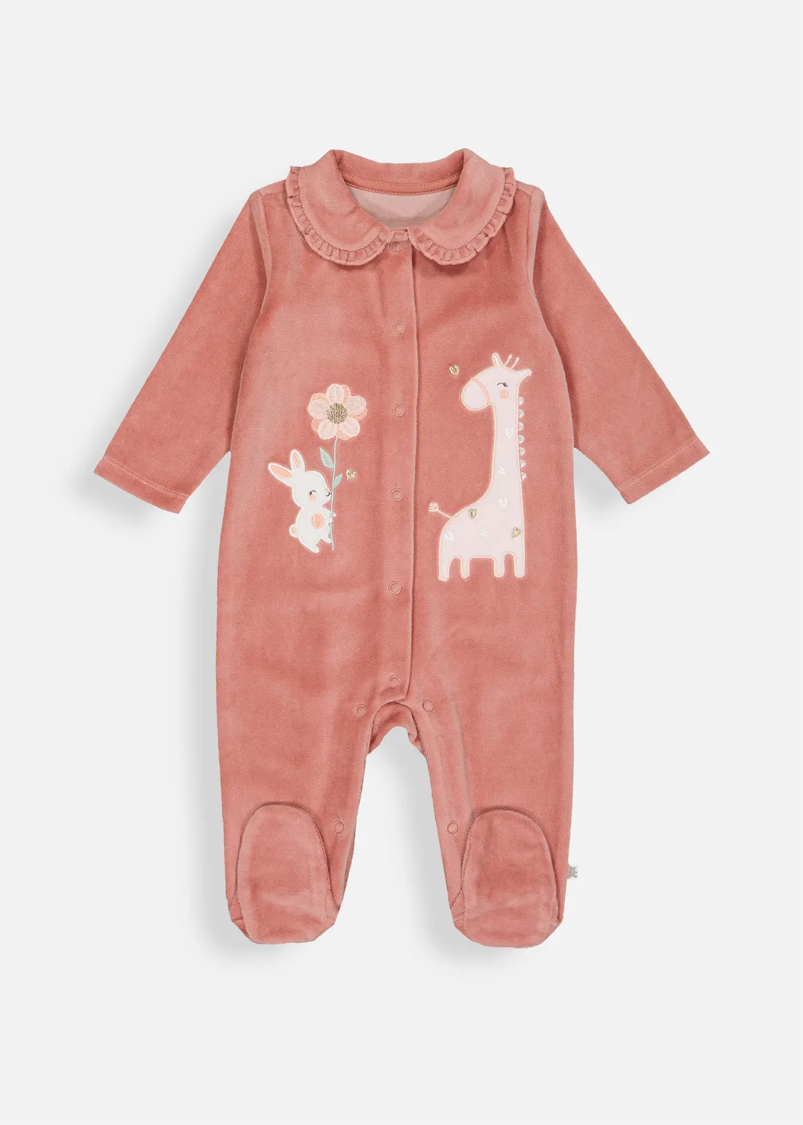 Animal Applique Velour Sleepsuit - DUSTY PINK