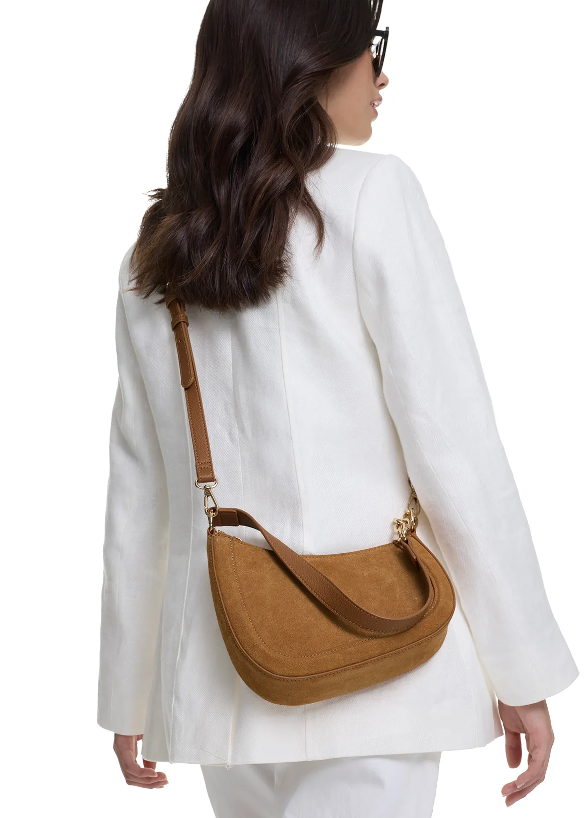 Asymmetric Chain Detail Recycled Suede Crossbody Bag - TAN