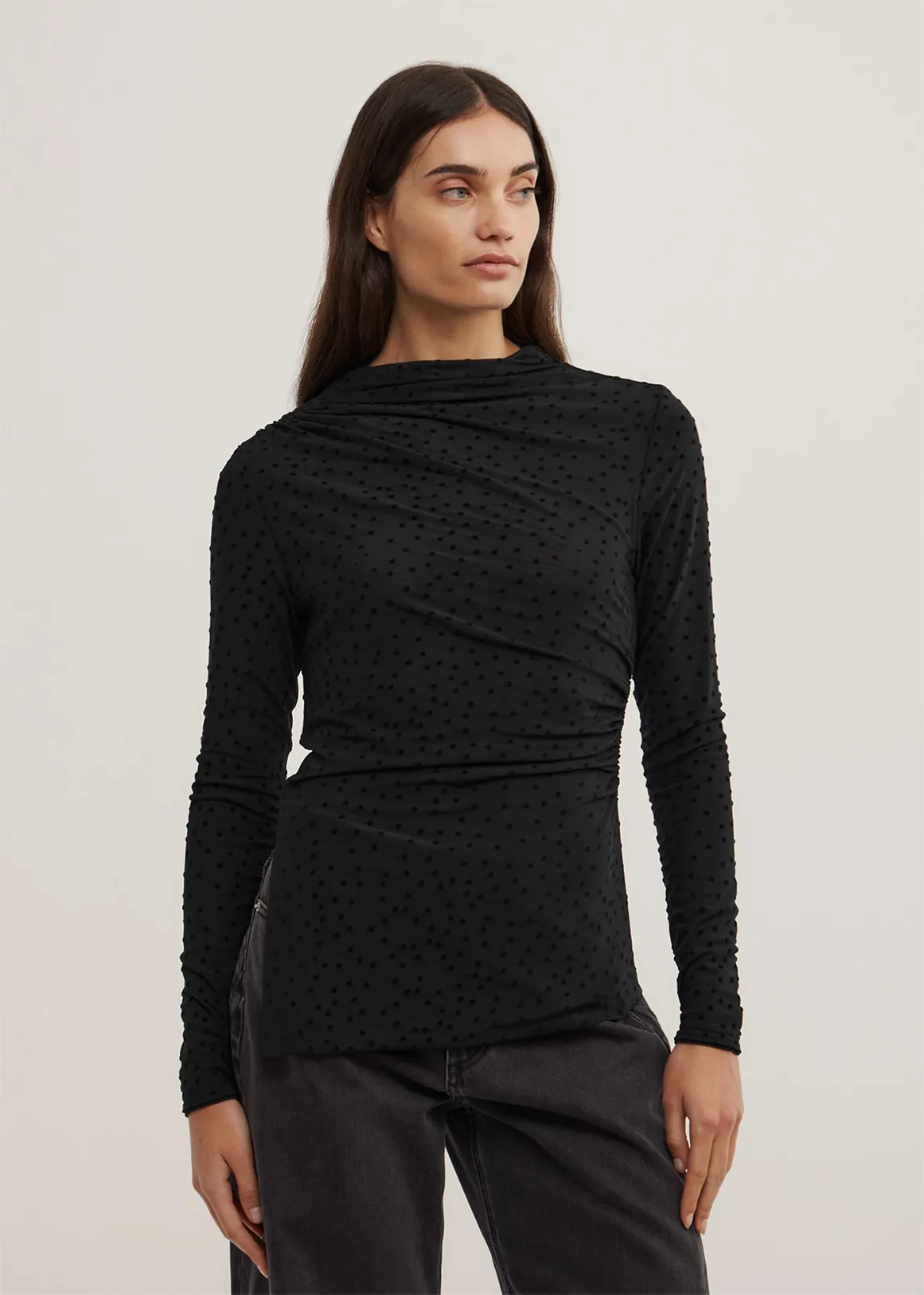 Asymmetric Flocked Long Sleeve Top - BLACK SPOT
