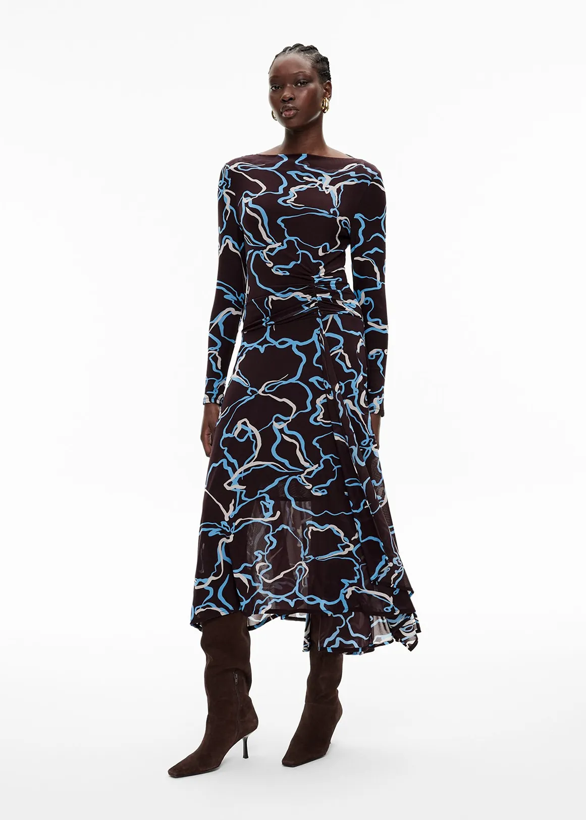 Asymmetric Hem Mesh Dress - ESPRESSO PRINT