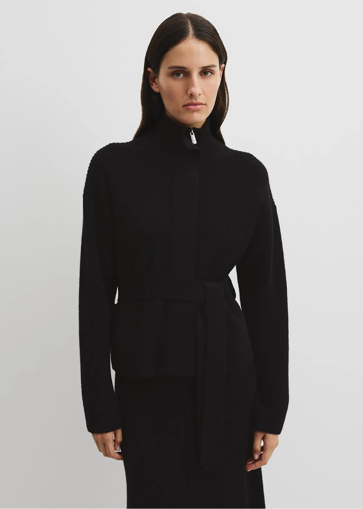 Australian Cotton Blend Belted Knit Jacket - BLACK