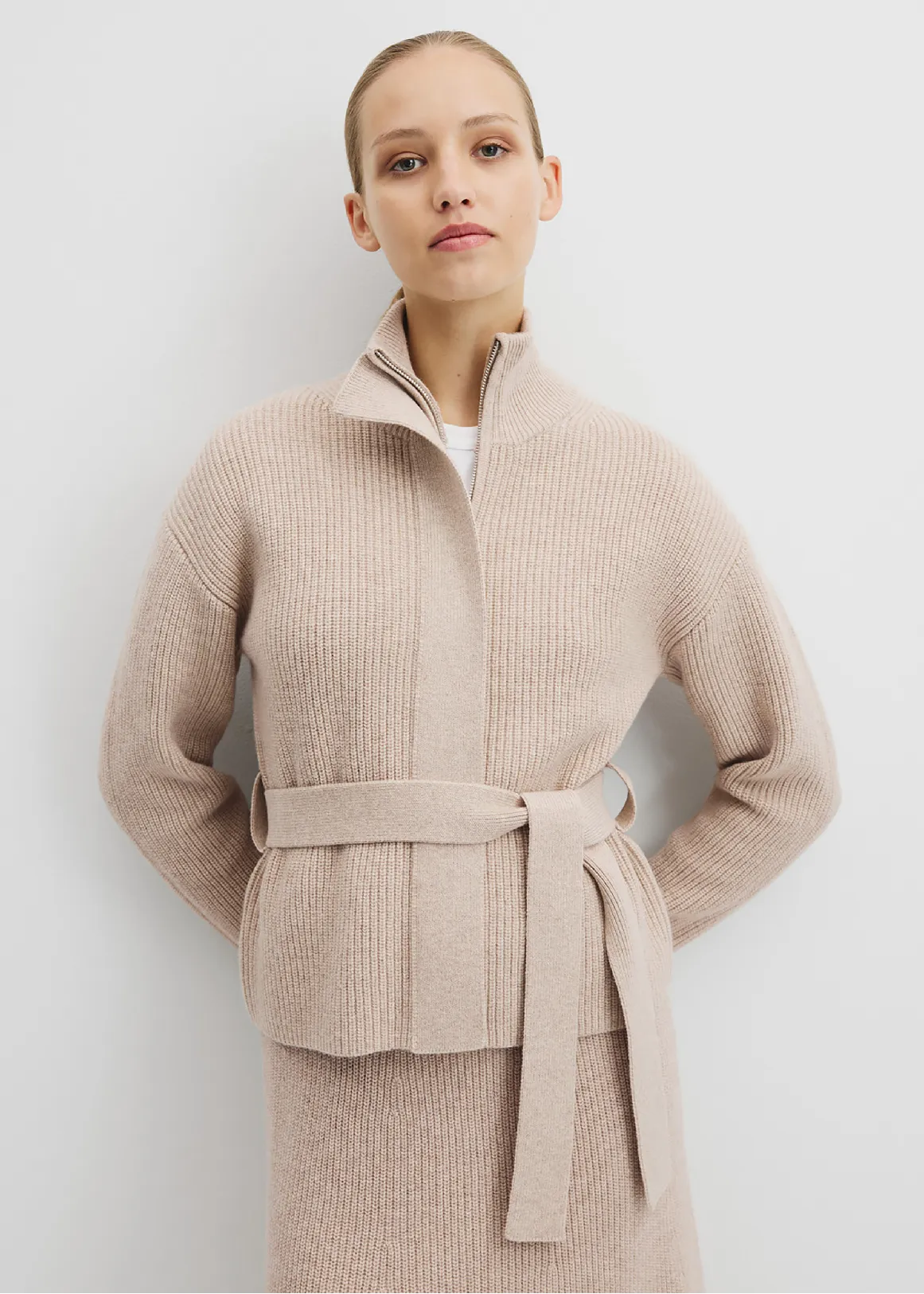 Australian Cotton Blend Belted Knit Jacket - CAMEL MARLE