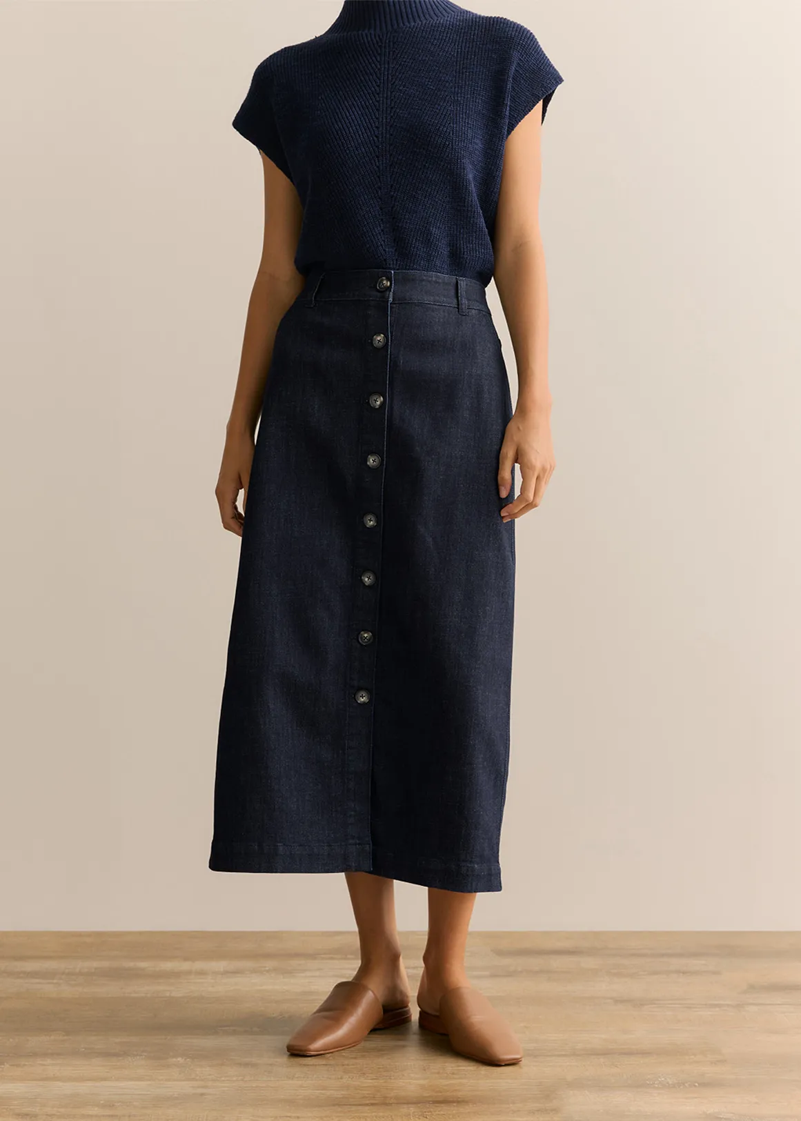 Australian Cotton Blend Denim Button Through Skirt - VINTAGE WASH DENIM