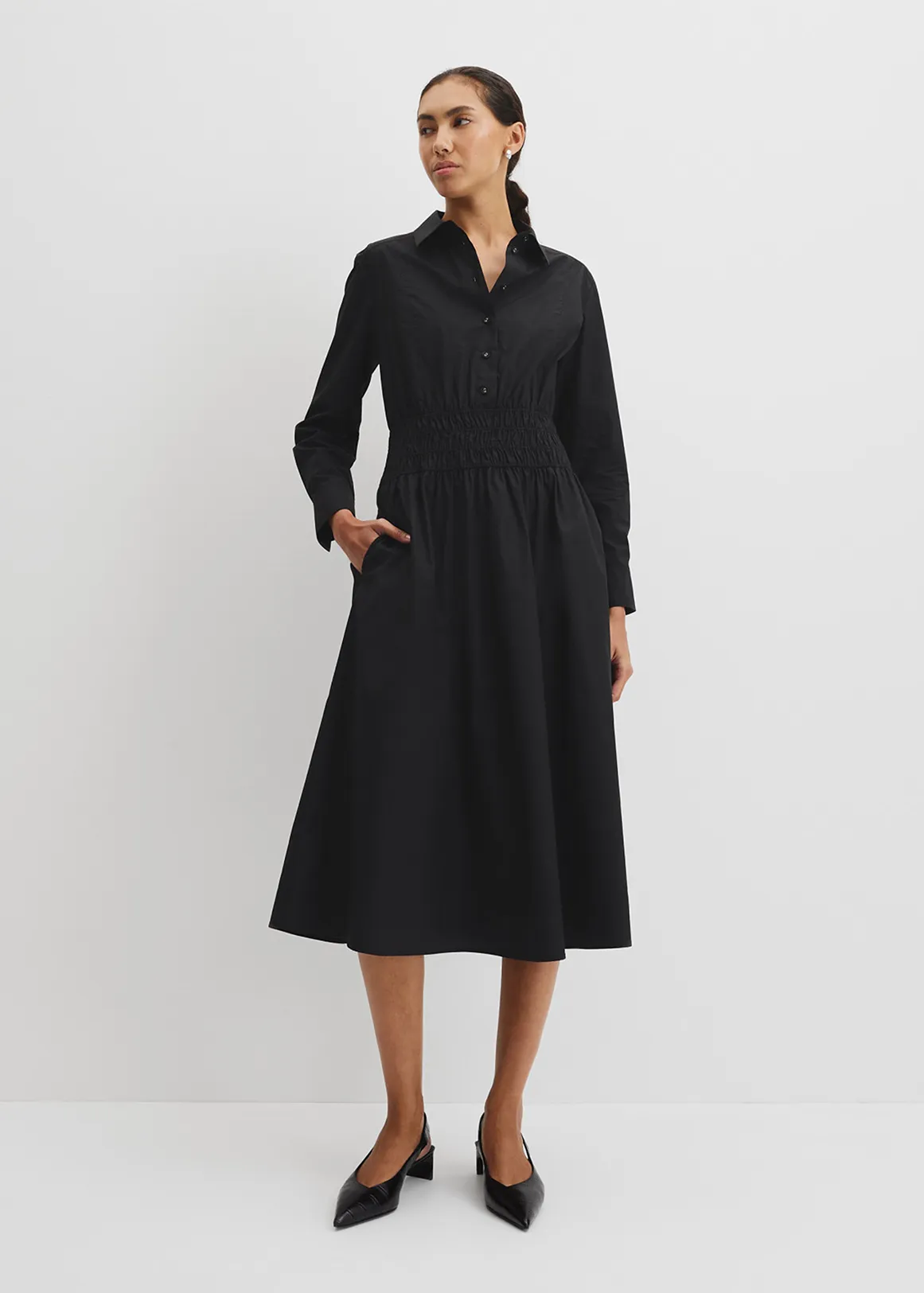 Australian Cotton Shirred Waist Shirt Dress - BLACK