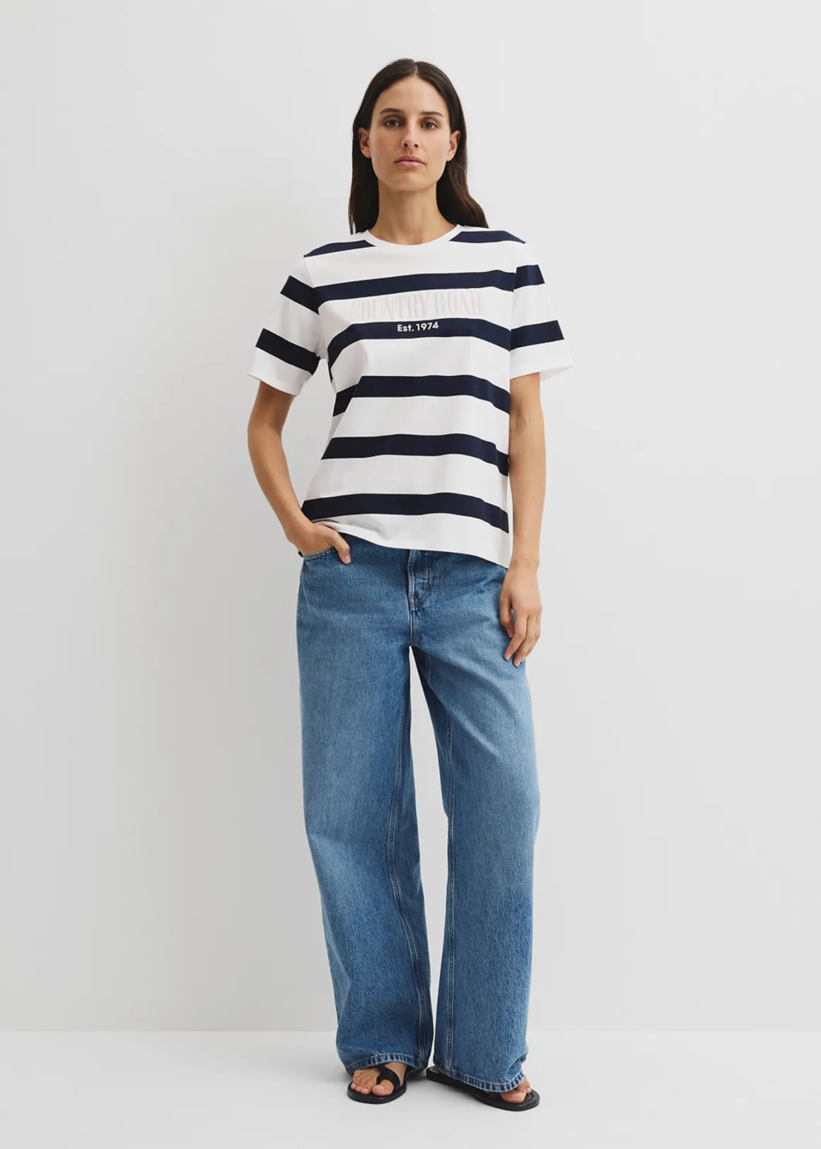 Australian Cotton Stripe Heritage Embroidered T-Shirt - NAVY STRIPE