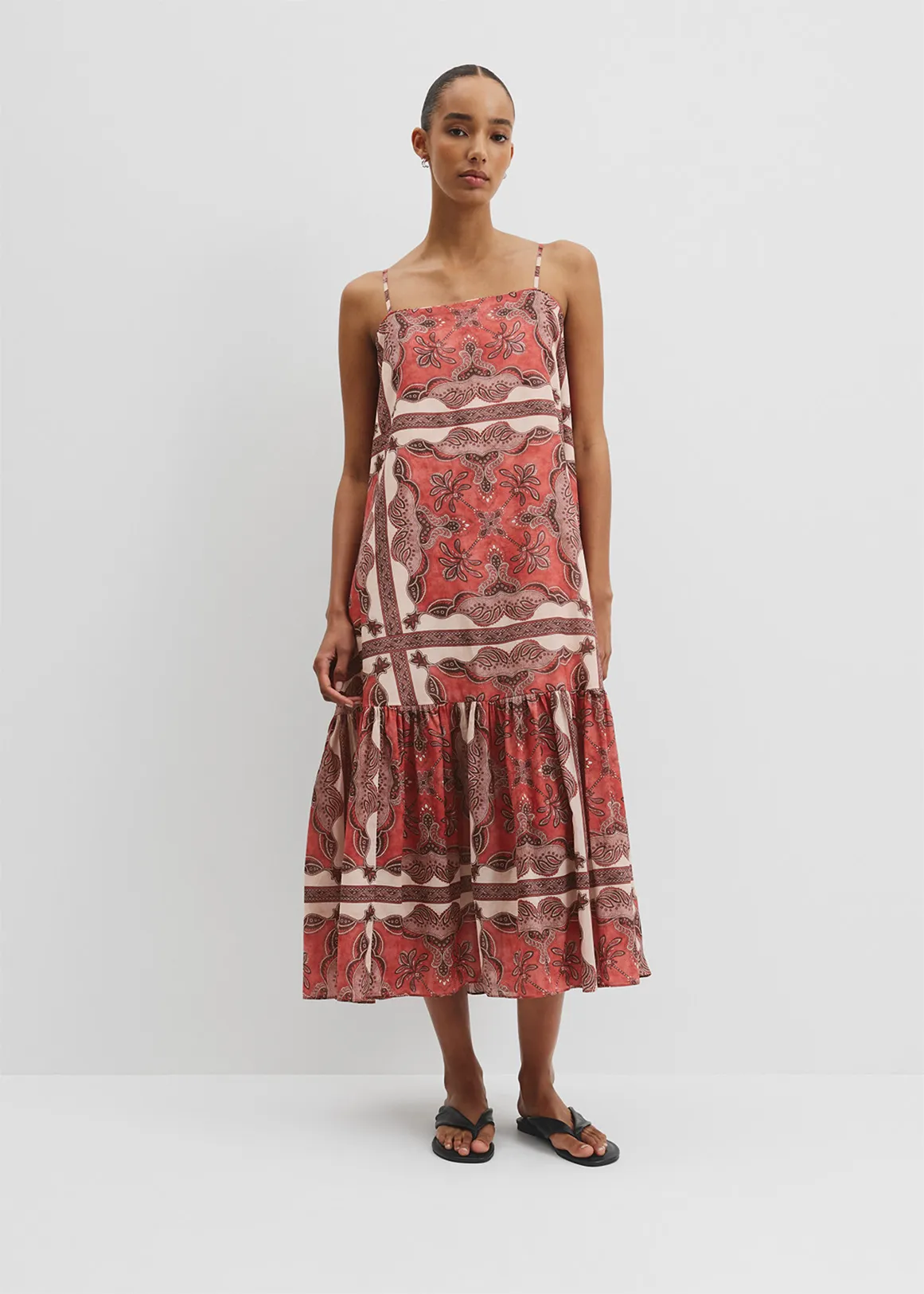 Australian Good Earth Cotton Print Tiered Slip Dress - CAYENNE SCARF PRINT
