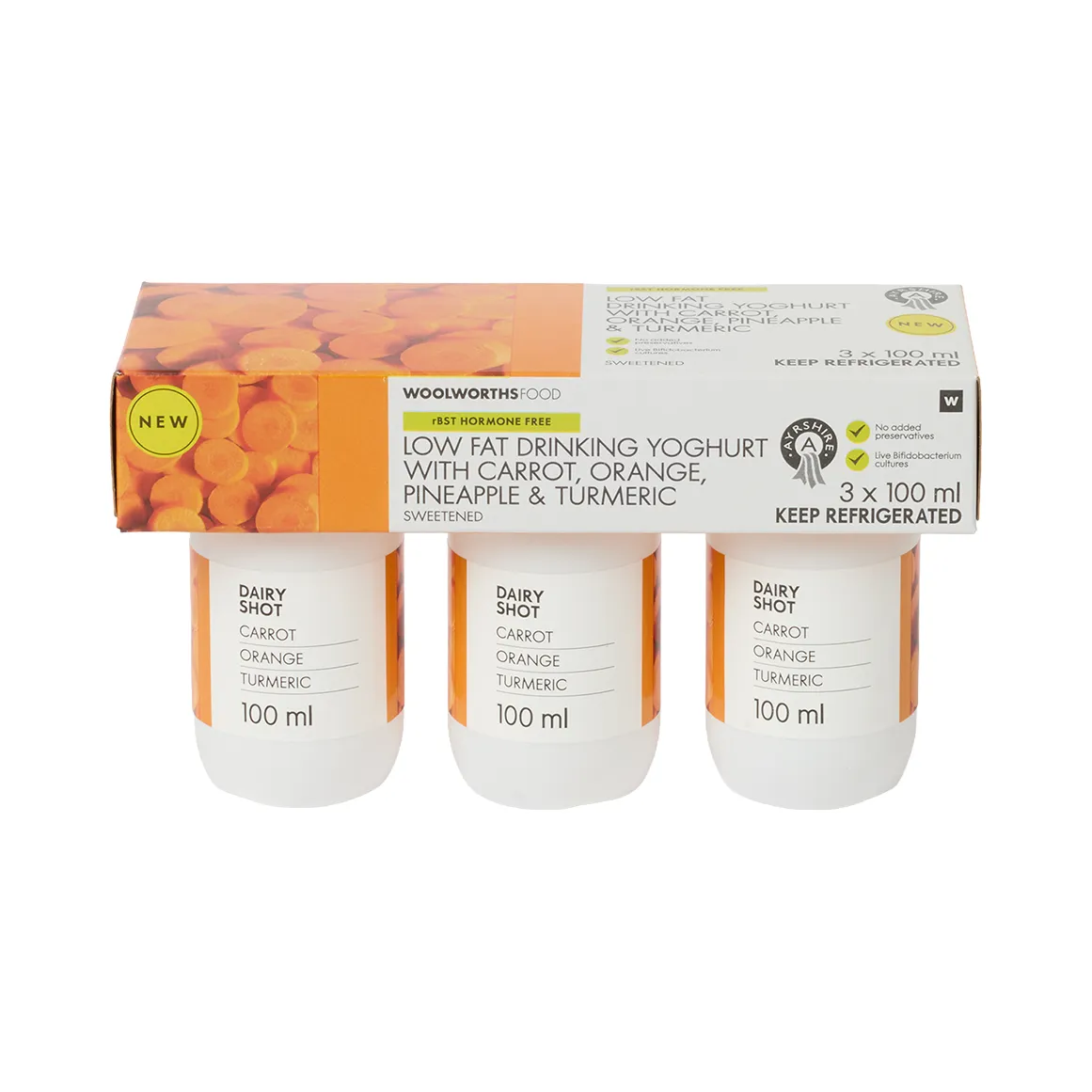 Ayrshire Low Fat Drinking Yoghurt with Carrot, Orange, Pineapple & Turmeric 3 x 100 ml