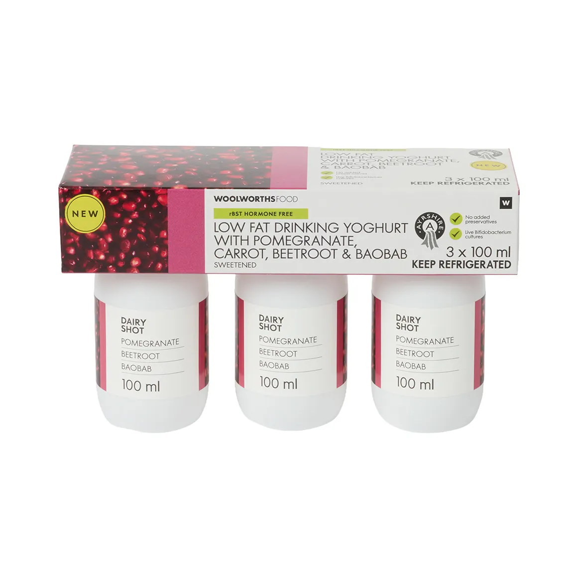 Ayrshire Low Fat Drinking Yoghurt with Pomegranate, Carrot, Beetroot & Baobab 3 x 100 ml