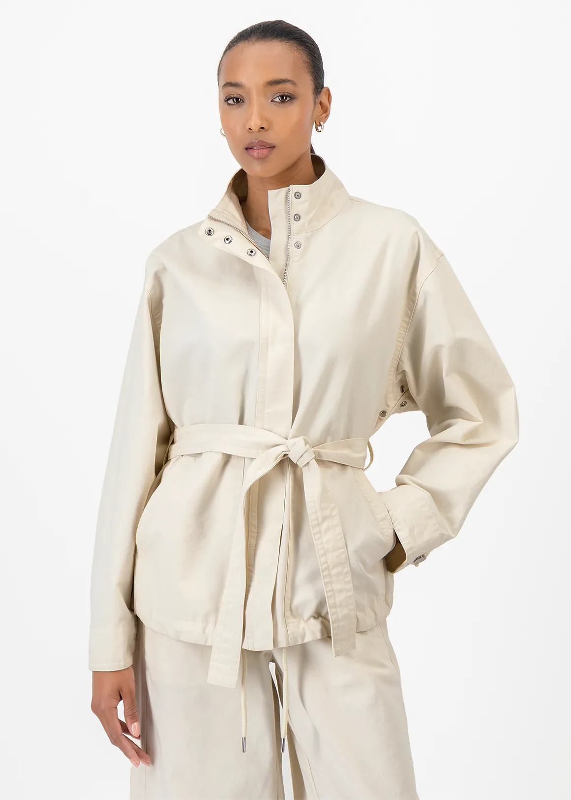 Belted Funnel Neck Cotton Jacket - CREAM
