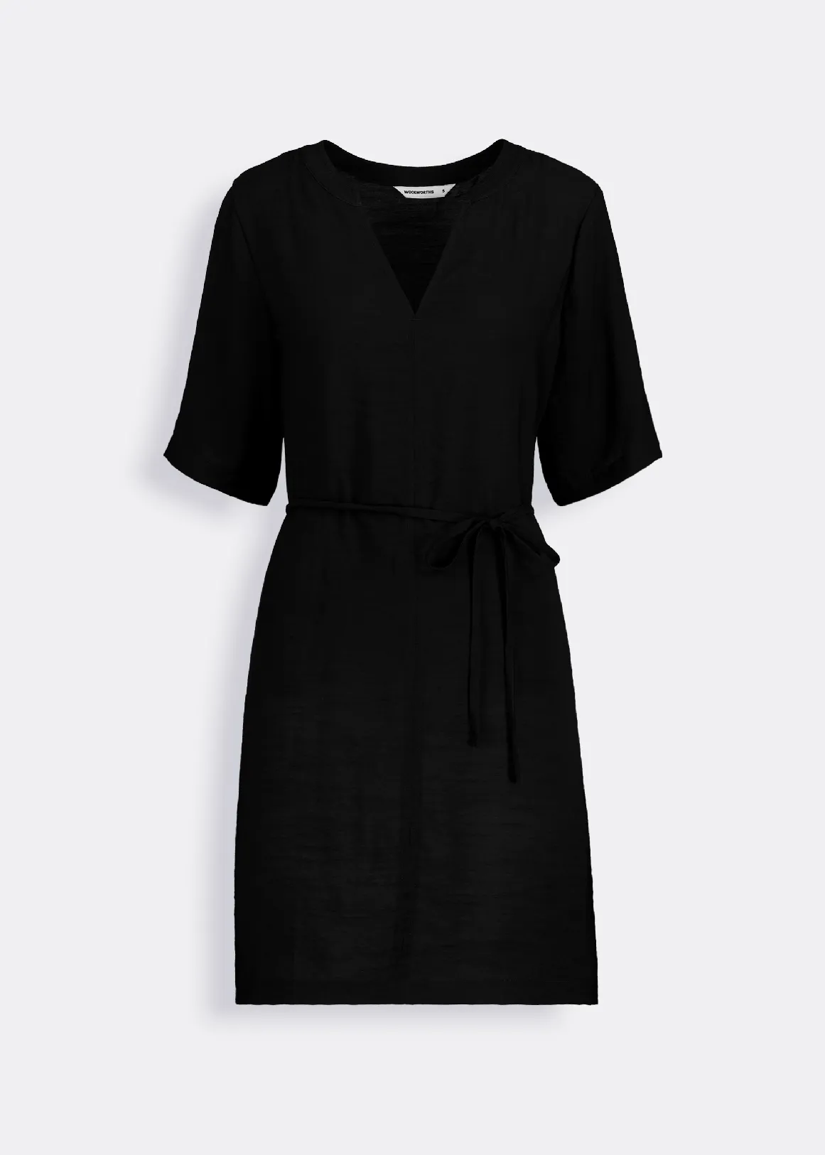 Belted Notched Mandarin Tunic Dress - BLACK