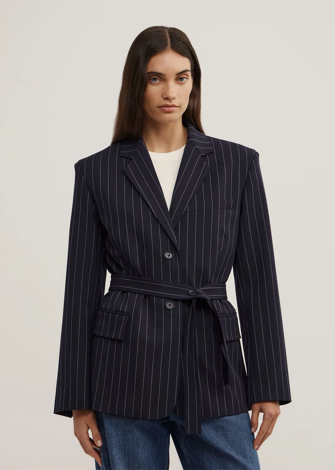 Belted Pinstripe Blazer - NAVY PINSTRIPE