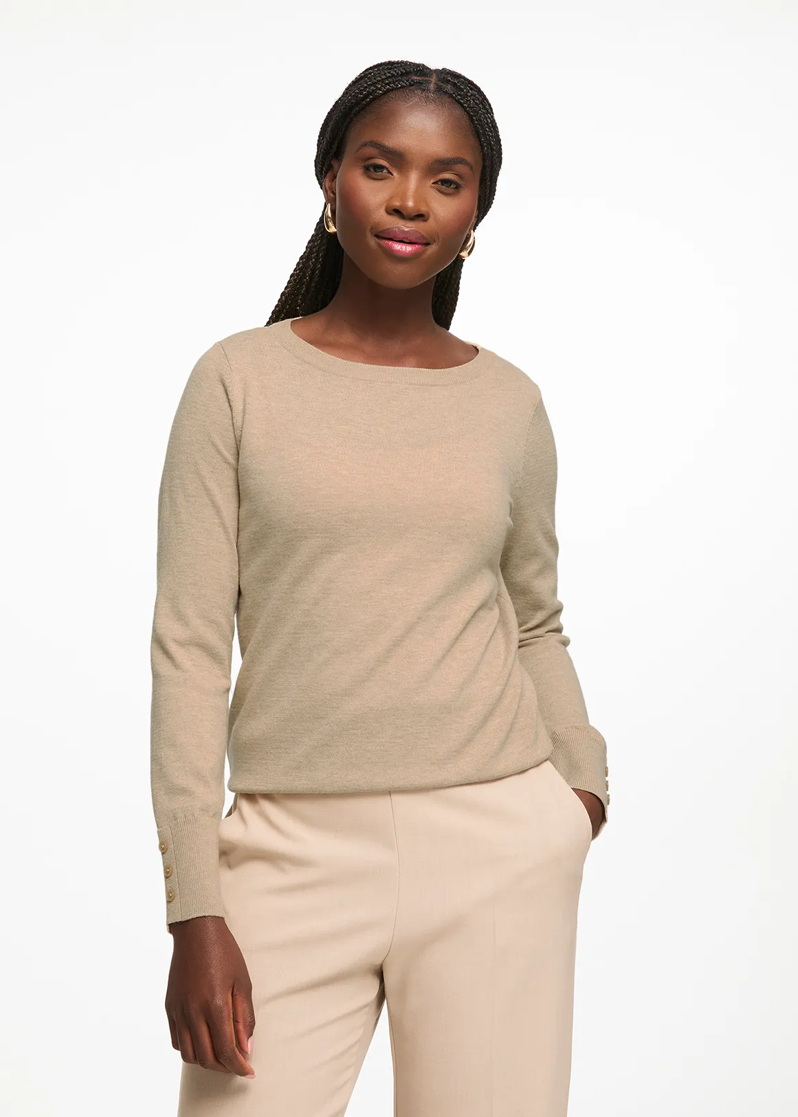 Boat Neck & Button Cuff Knit Jumper - BEIGE MELANGE