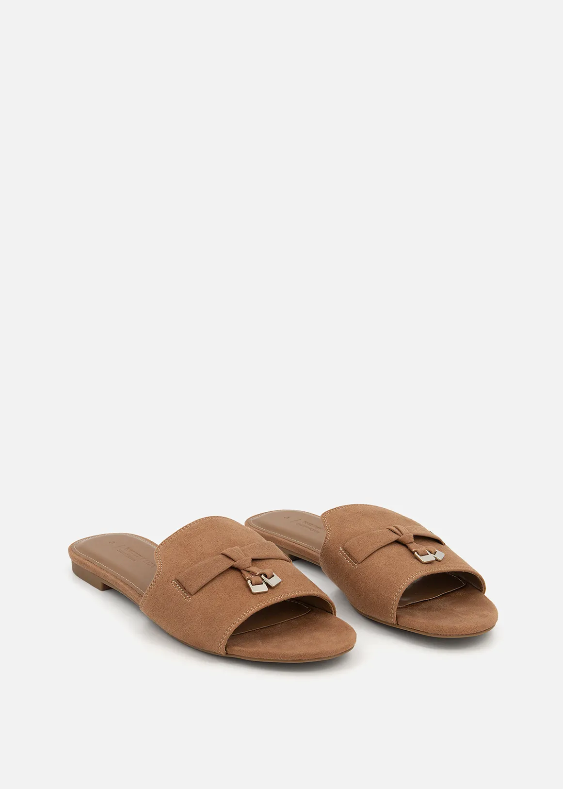 Bow Trim Faux Suede Slides - TAN