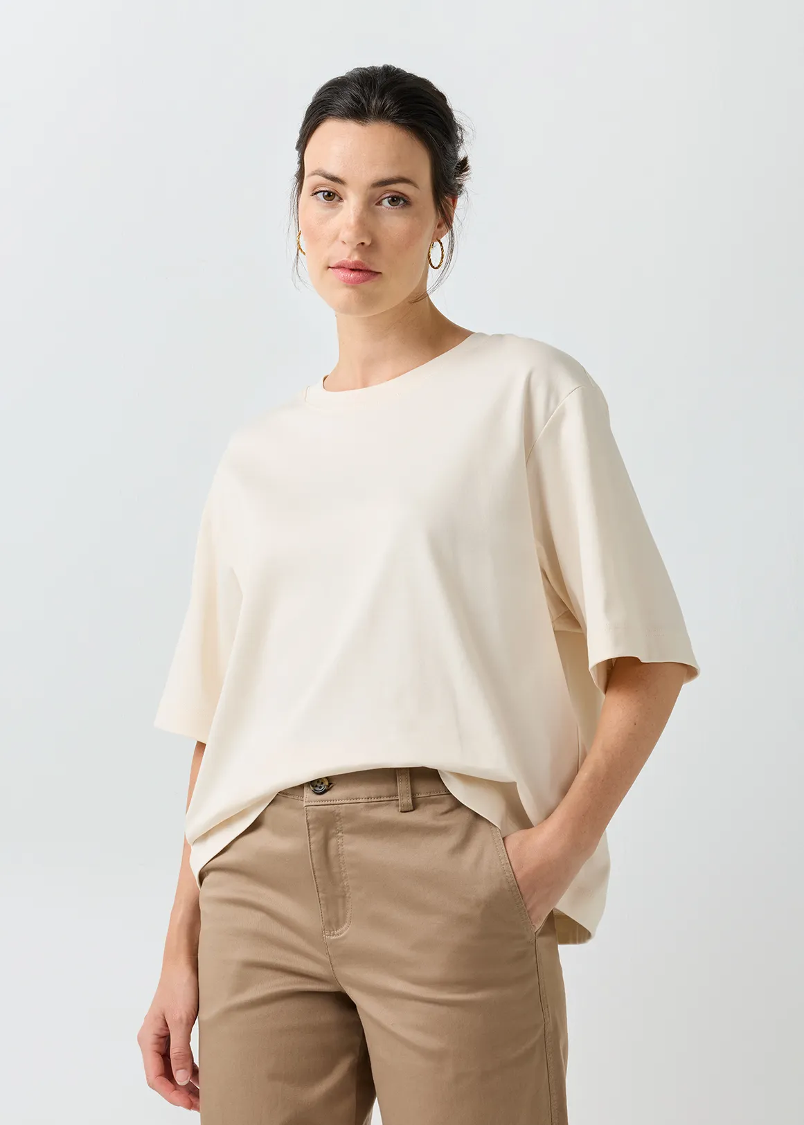 Boxy Cotton Interlock T-shirt - Premium - CREAM