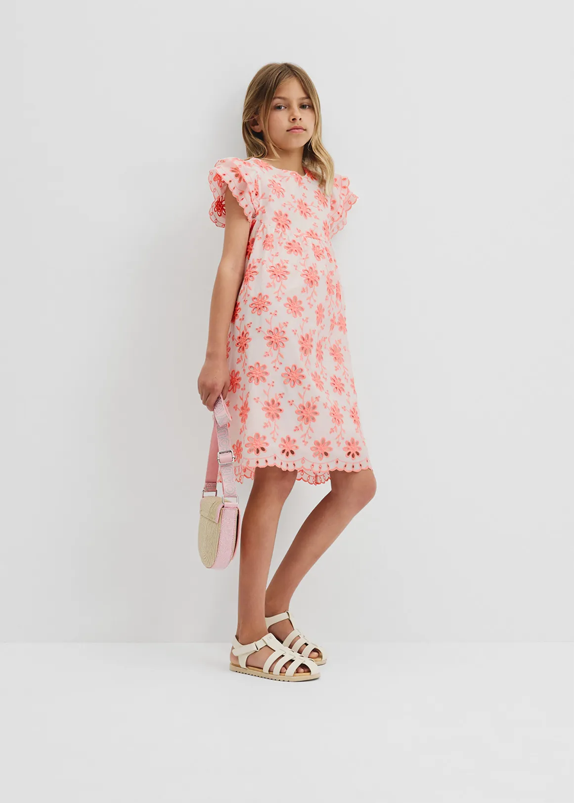 Broderie Frill Dress - CORAL