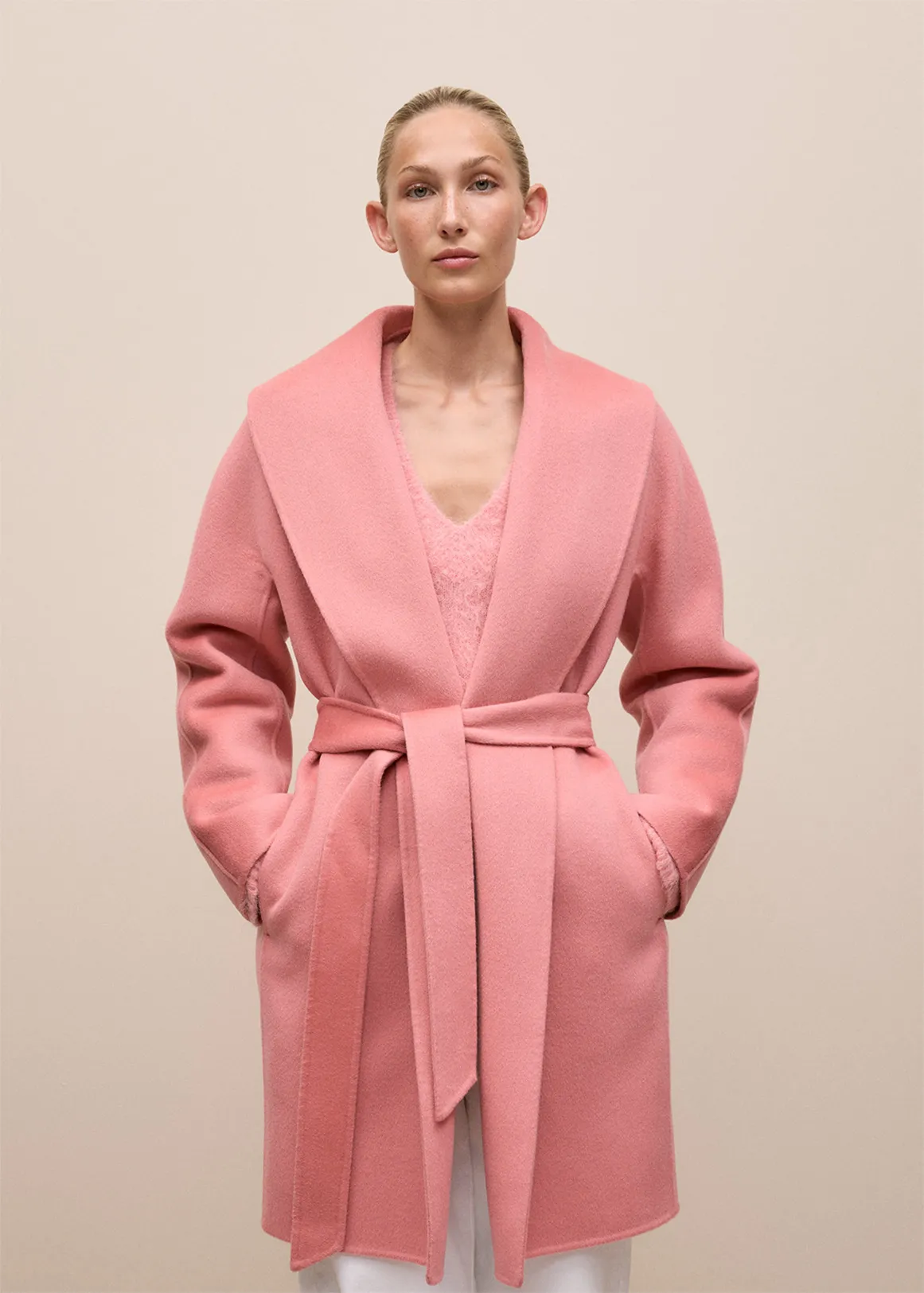 Brushed Wool Wrap Coat - DUSTY ROSE