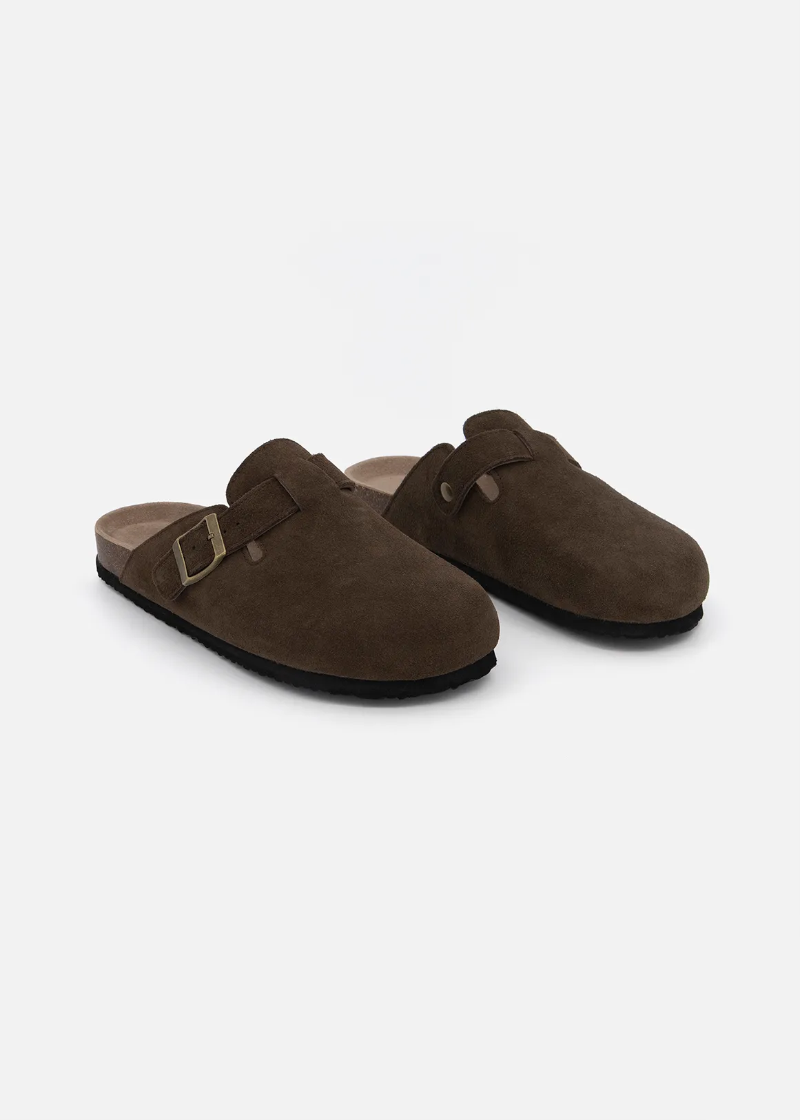 Buckle Genuine Suede Clogs - BROWN