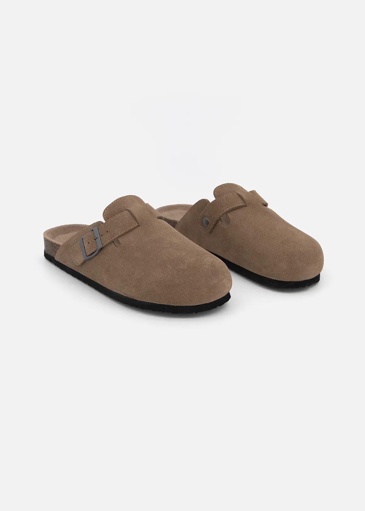 Buckle Genuine Suede Clogs - TAUPE