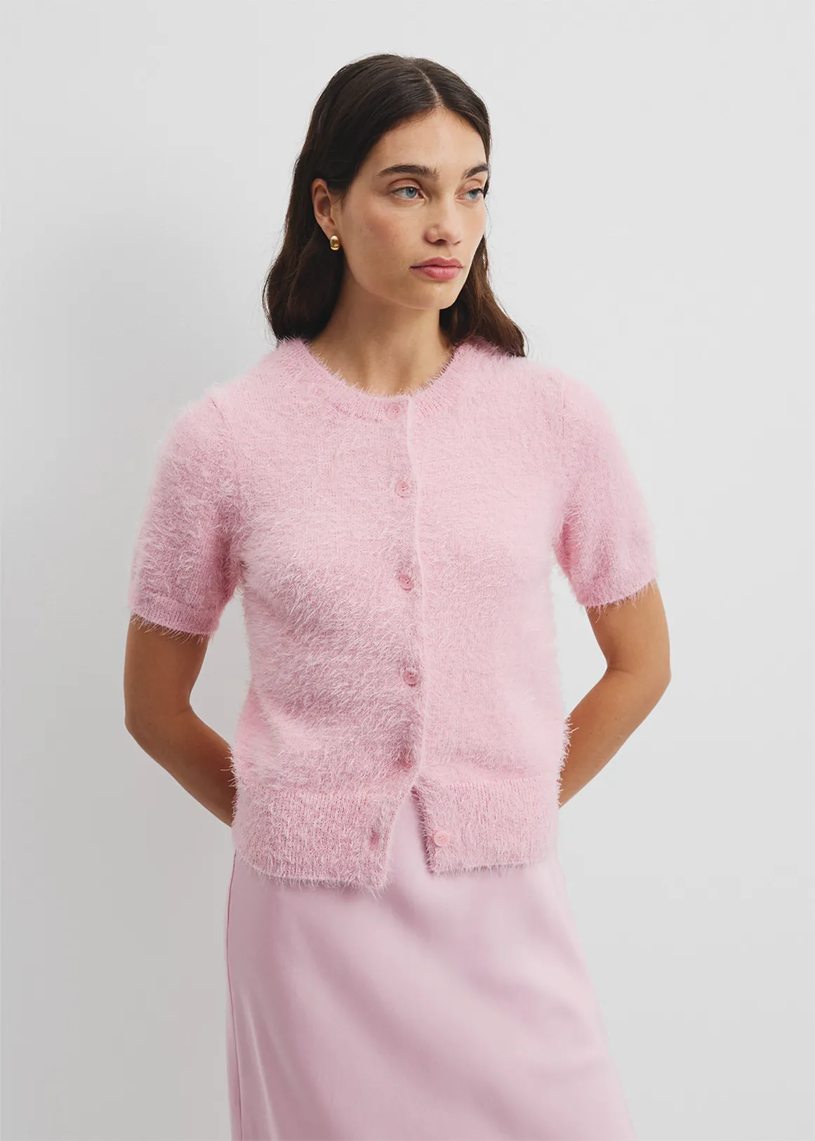 Button Fluffy Knit T-Shirt - FLOSS PINK