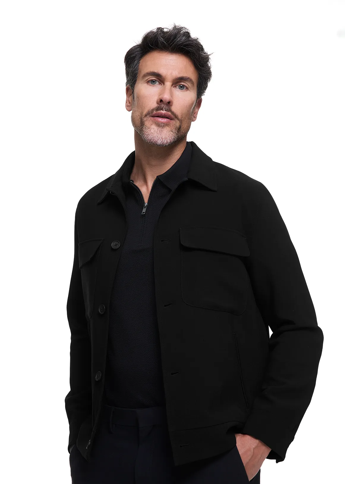 Buttoned Utility Harrington Jacket - BLACK