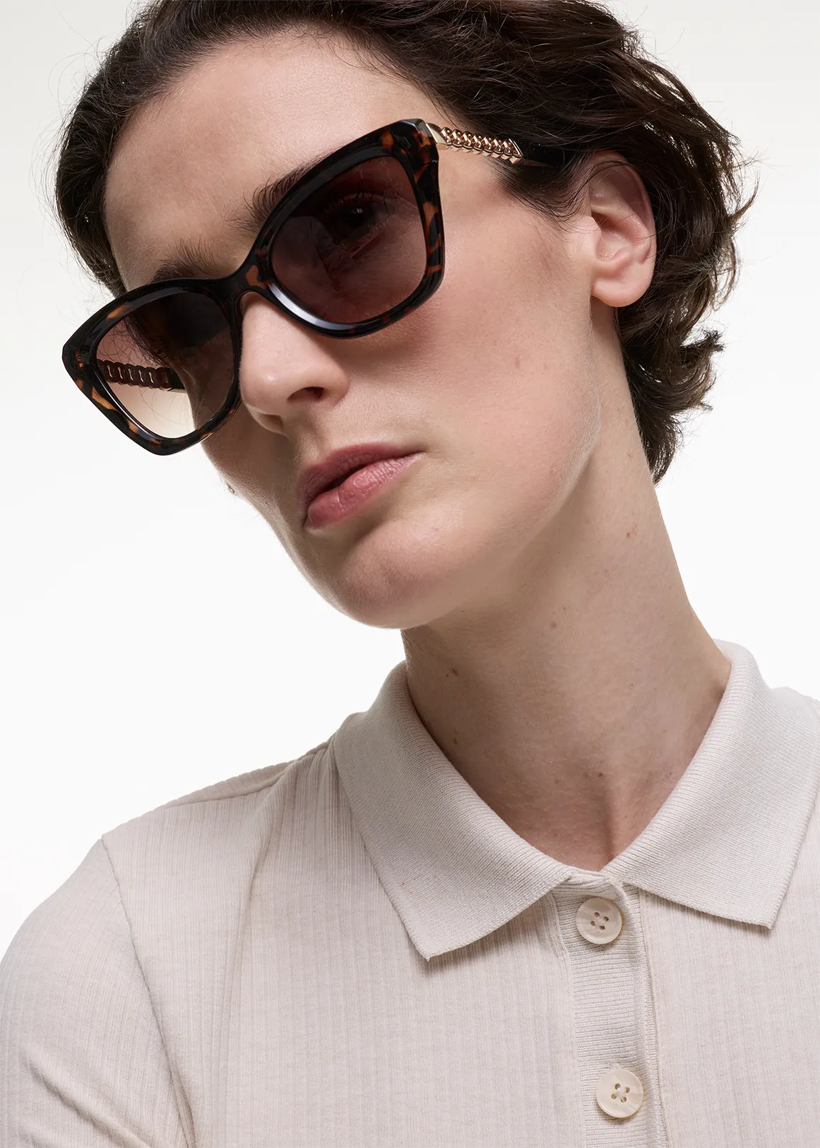 Chain Temple Cat Eye Sunglasses - TORTOISE SHELL