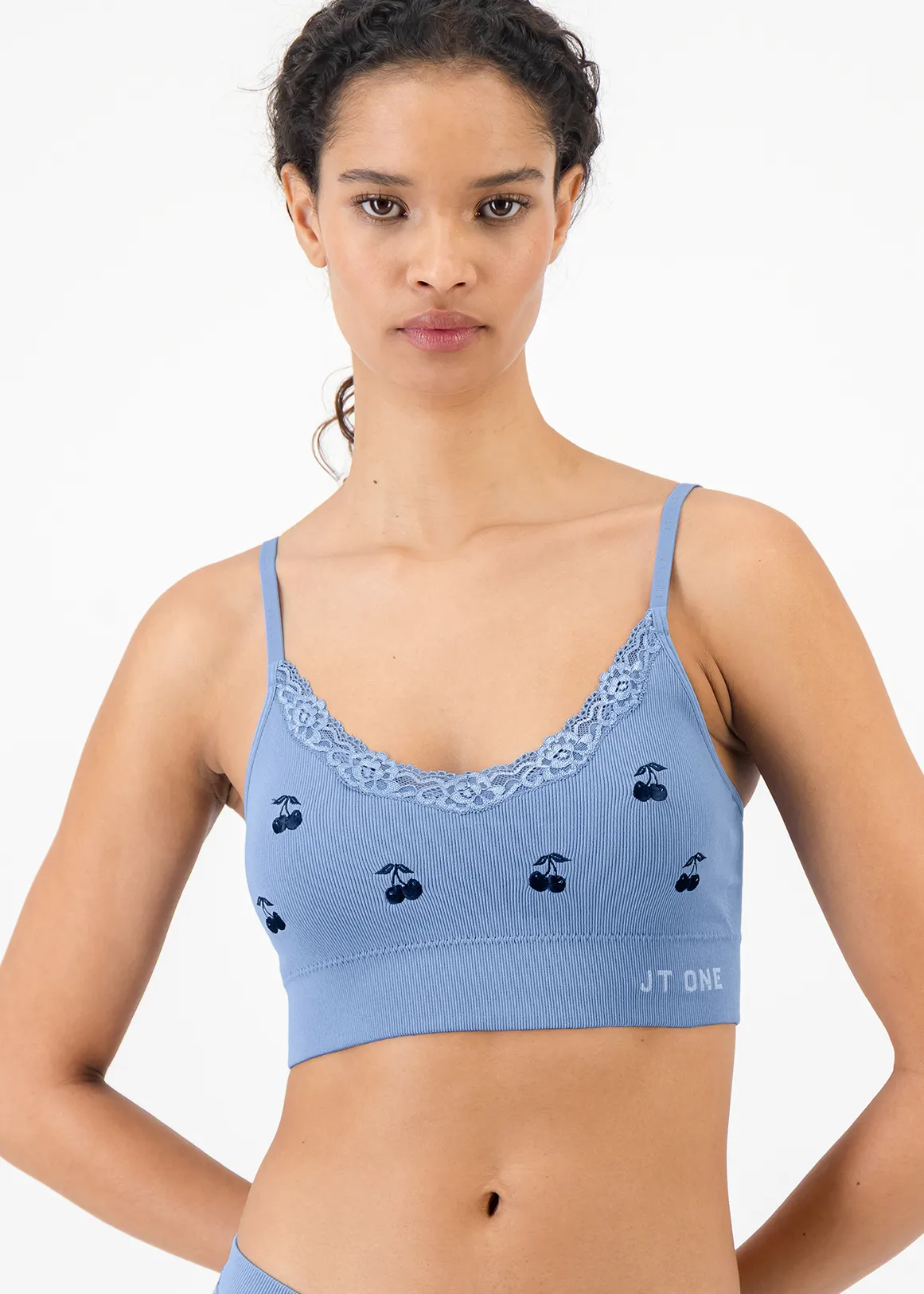 Cherry Embroidery Padded Lace Trim Seamfree Bralette - X BLUE