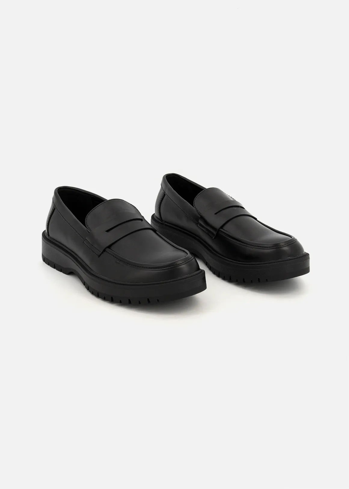 Chunky Faux Leather Loafers - BLACK