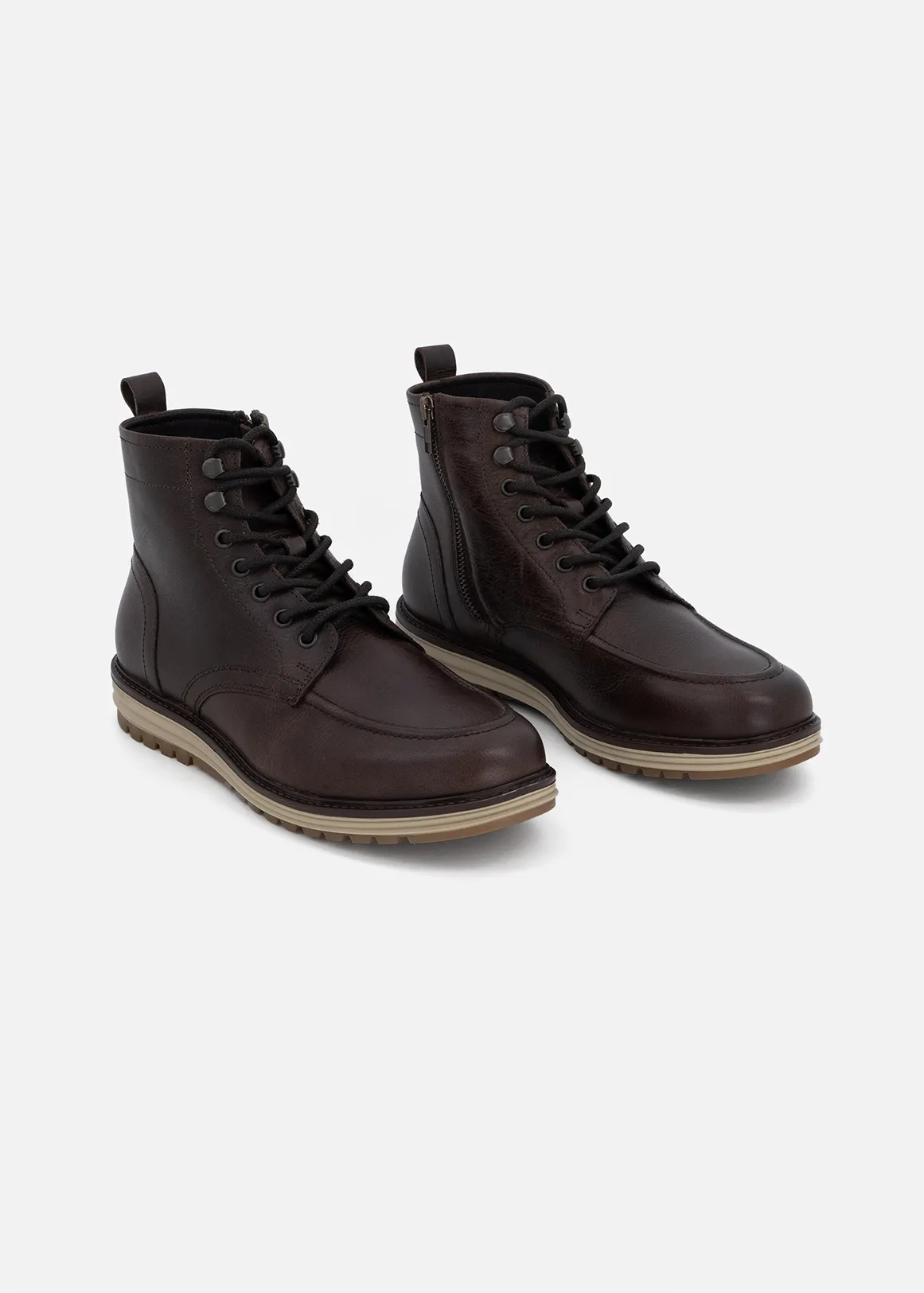 Chunky Leather Ankle Boots - BROWN