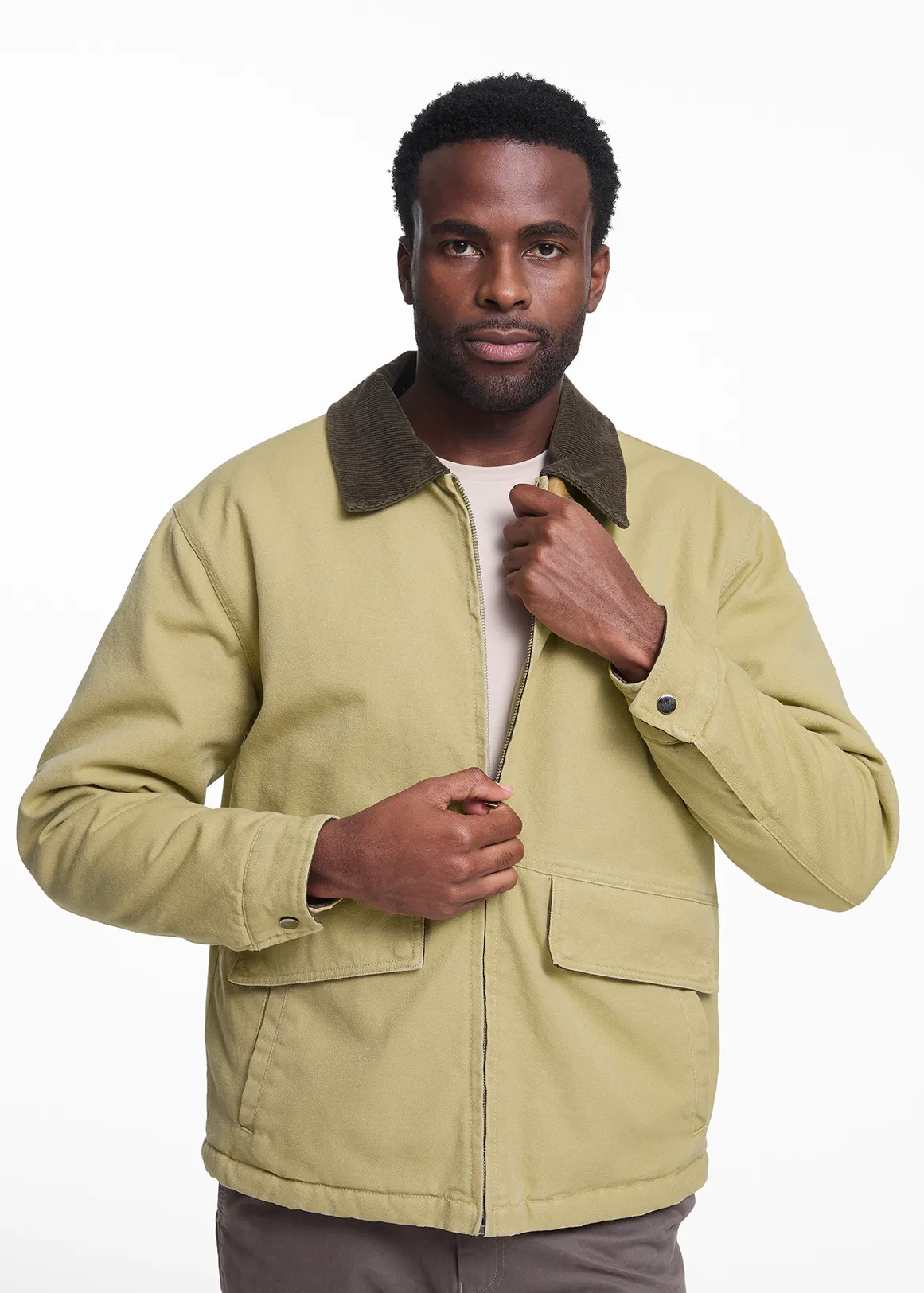 Contrast Collar Cotton Barn Jacket - BROWN