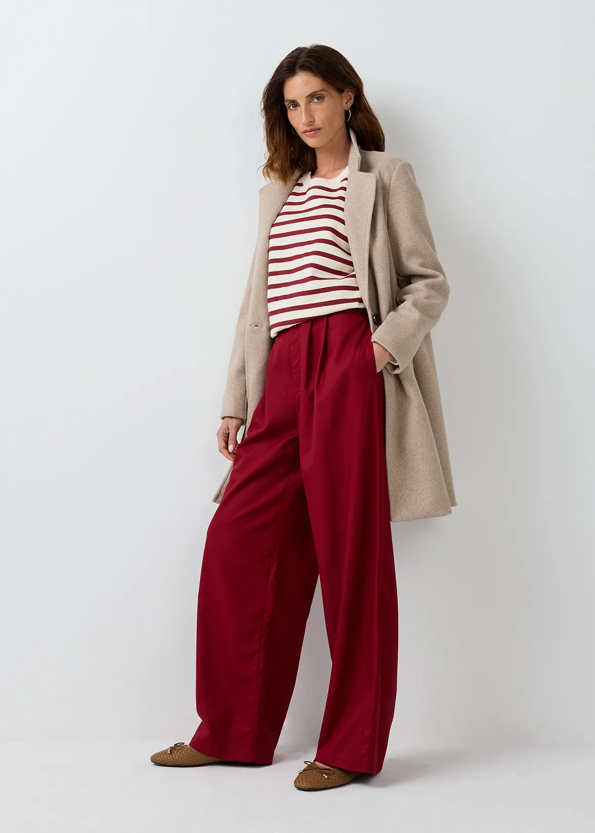 Cotton Blend Wide Leg Pants - BURGUNDY