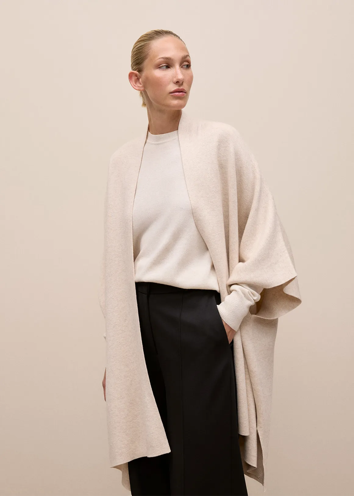 Cotton Cashmere Blend Poncho - OAT MARLE