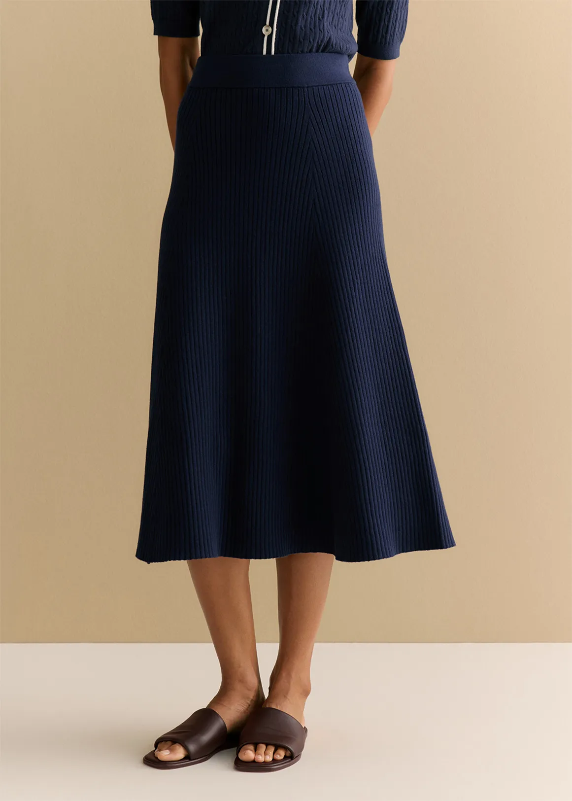 Cotton Cashmere Blend Rib Knit Pull On Skirt - NAVY