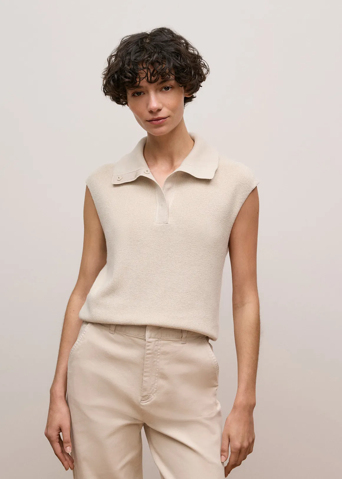 Cotton Cashmere Button Mock Knit - STONE