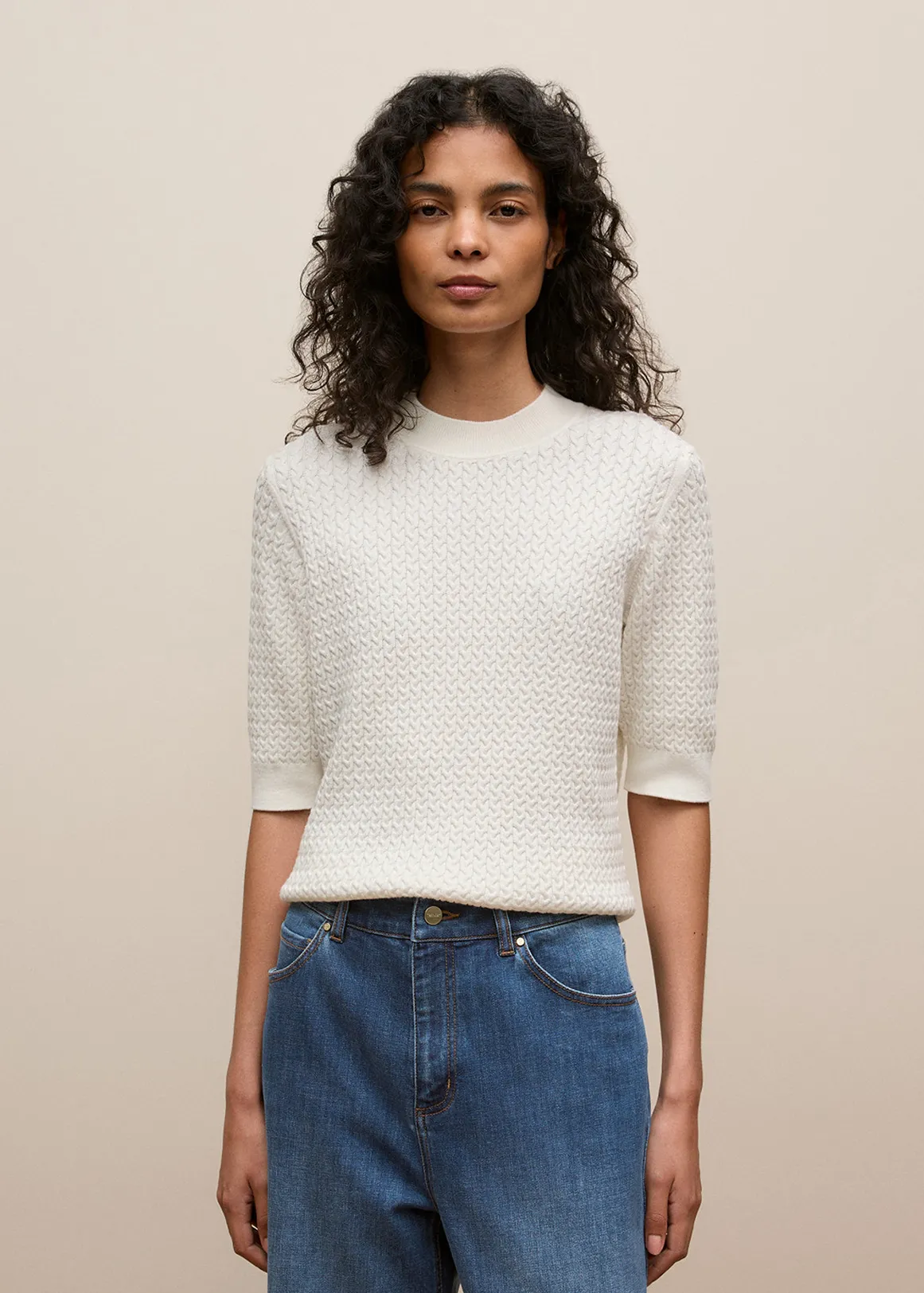 Cotton Cashmere Cable Mock Neck Knit - IVORY