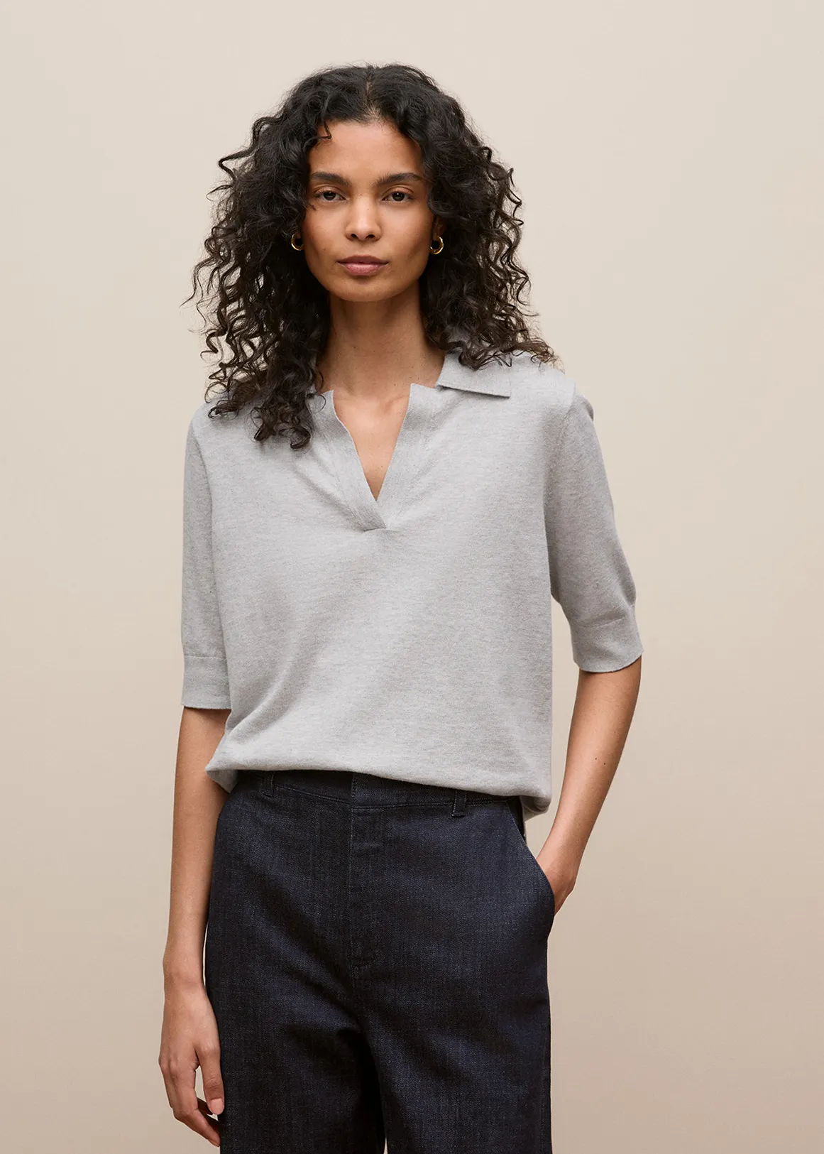 Cotton Cashmere Short Sleeve Polo - GREY MARLE