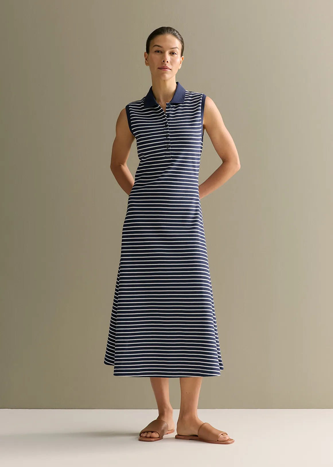 Cotton Pique Stripe Sleeveless Polo Dress - NAVY
