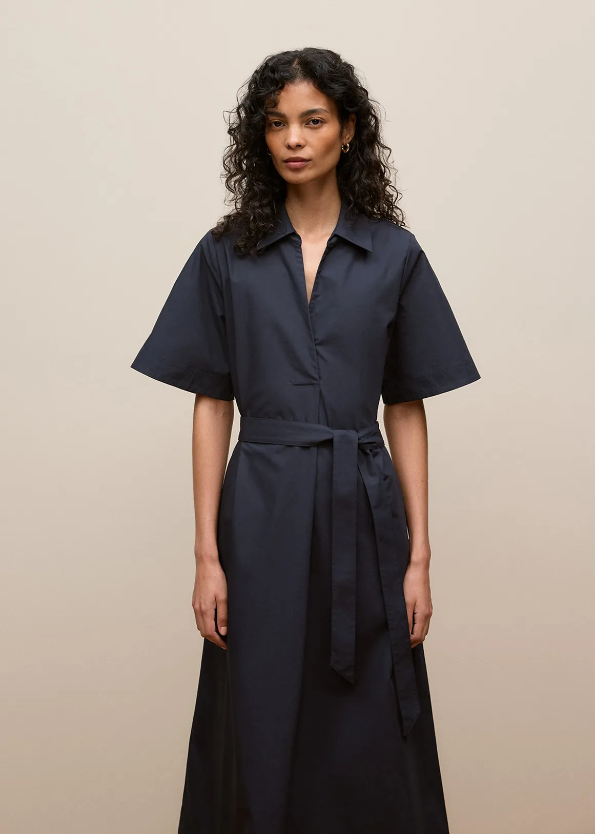 Cotton Poplin Belted Popover Dress - Night Sky
