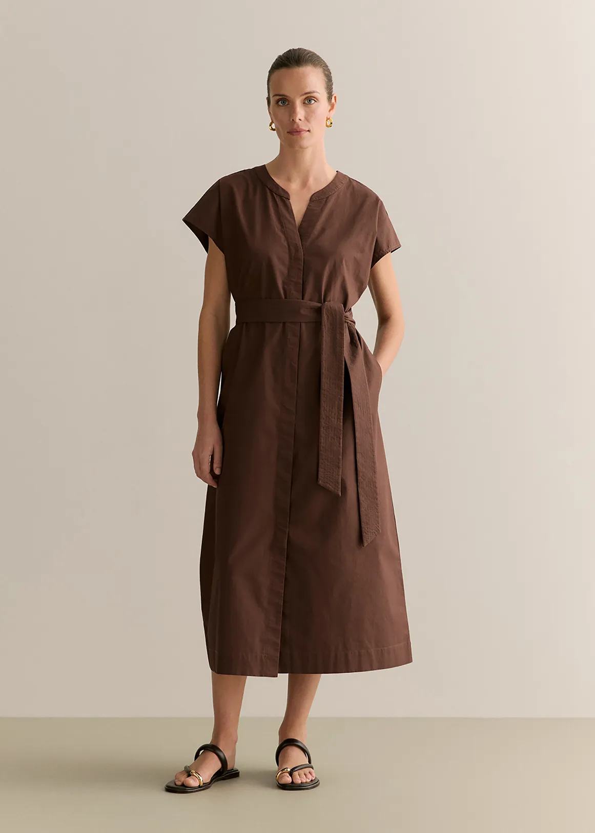 Cotton Poplin Cap Sleeve Belted Dress - CHOCOLATE