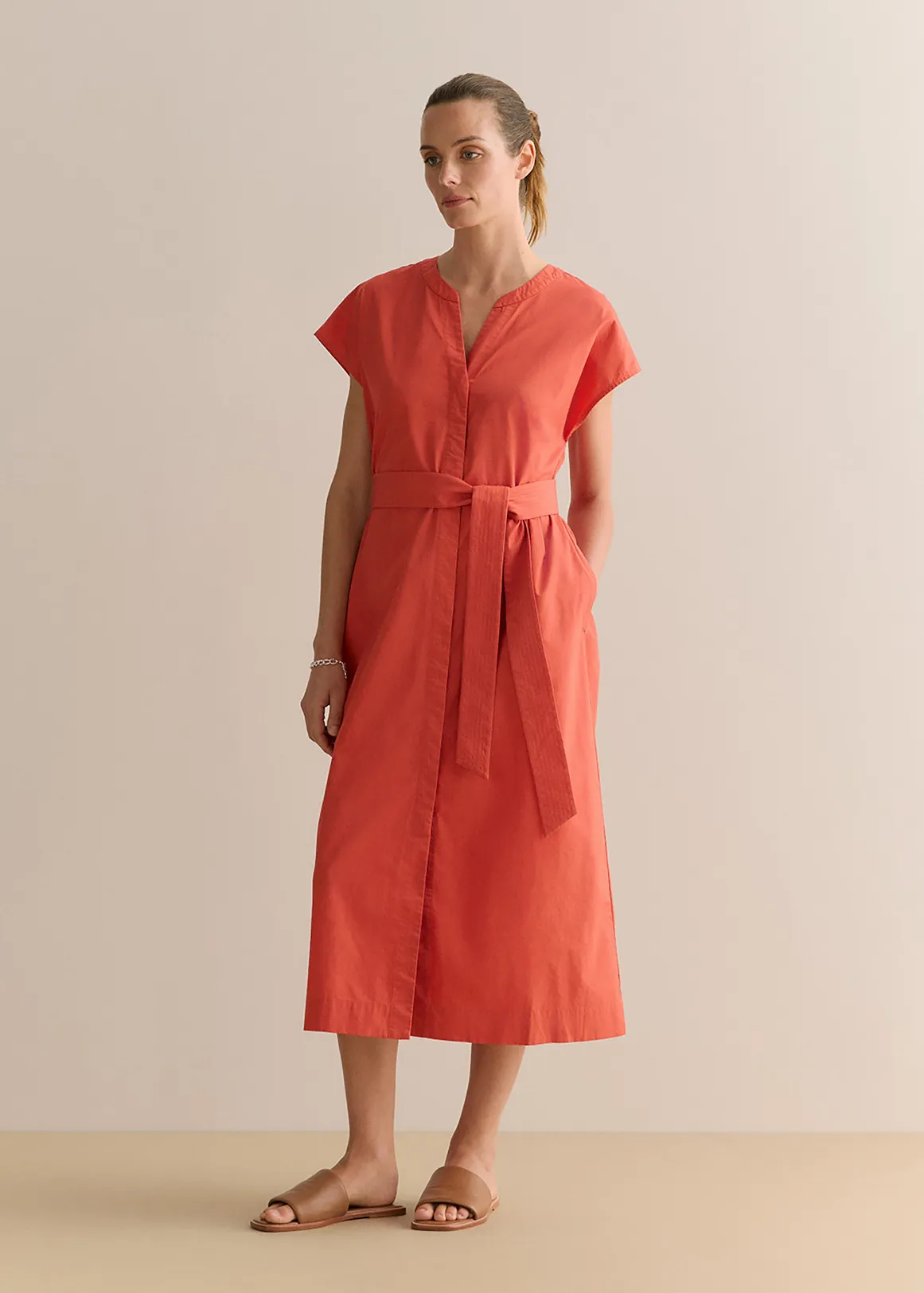 Cotton Poplin Cap Sleeve Belted Dress - CORAL RED