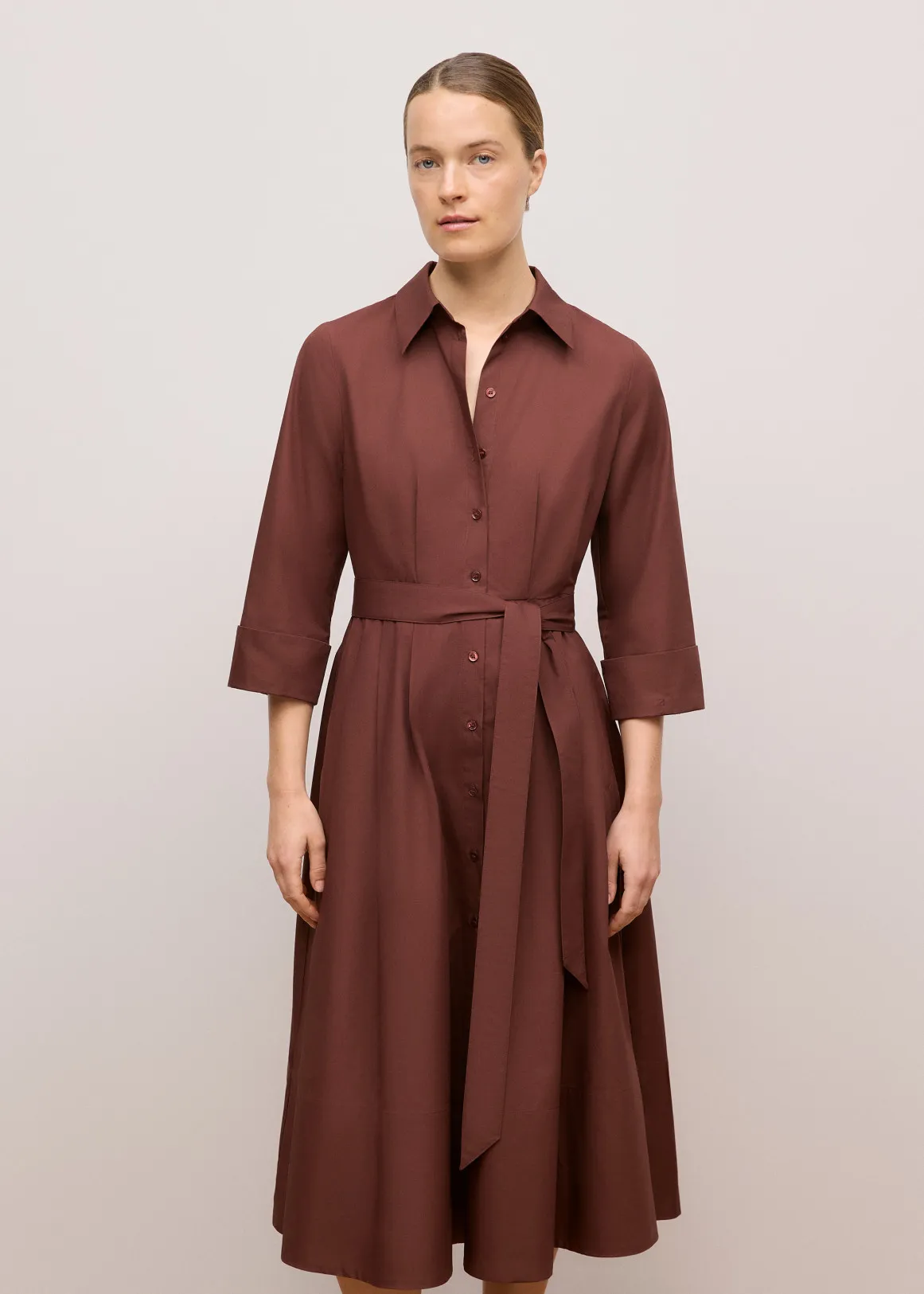 Cotton Poplin Cuff Detail Shirt Dress - ESPRESSO