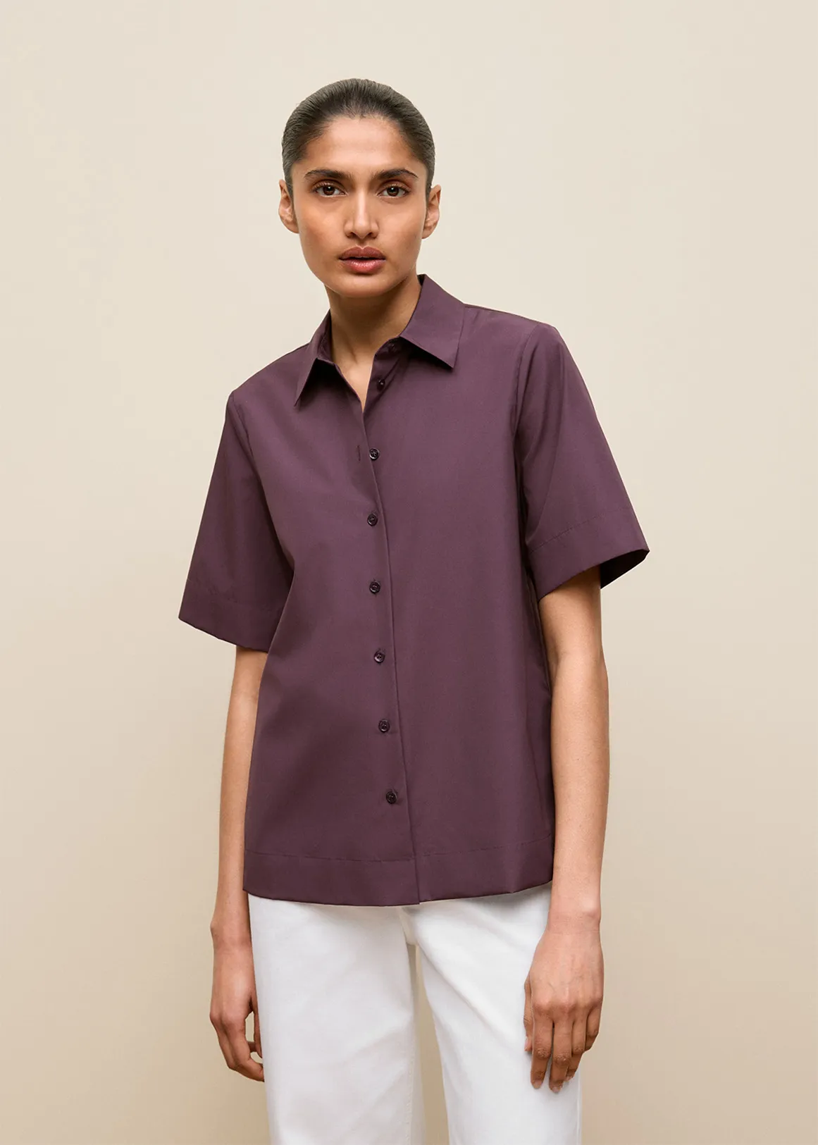 Cotton Poplin Short Sleeve Shirt - DARK PLUM
